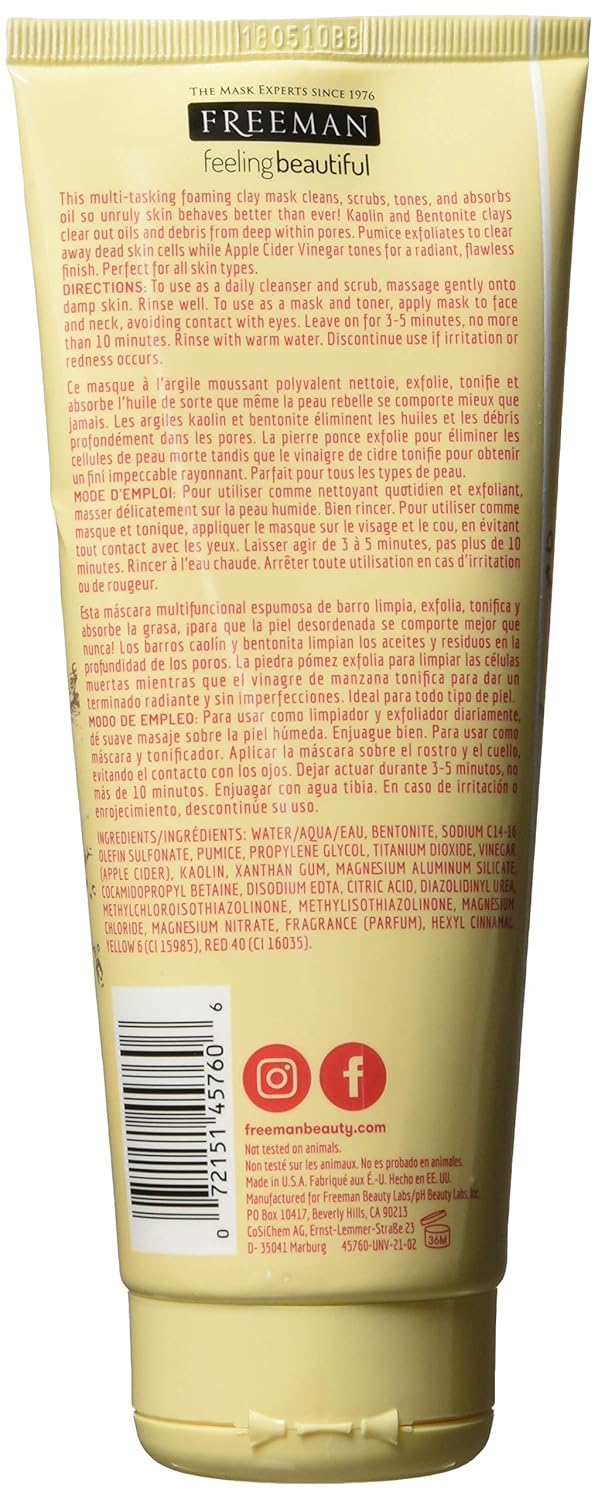 Freeman Cleansing Apple Cider Vinegar Clay Mask & Facial Scrub, Face Mask Tones, Purifies, Flawless Complexion, Clay and Pumice Exfoliate Pores, All Skin Types, 6 fl.oz./175 mL Tube - Image 2