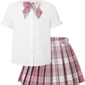 Betusline Girls Skirt Set JK School Uniform 2-Piece Outfit – Short Sleeve Shirt with Bow & Pleated Skirt 4T-14Y