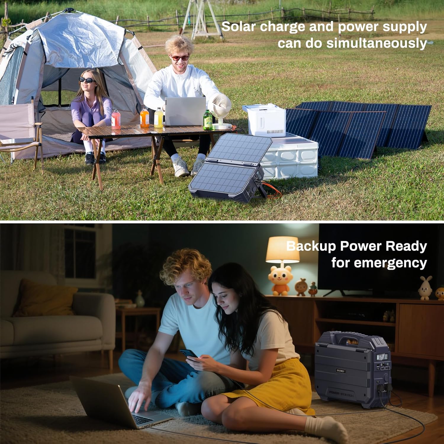 BROWEY 1600W (3200W Peak) Portable Power Station, 1024Wh LiFePO4 Battery with Built-in Solar Panel, 100W USB-C PD, Solar Generator for Camping, RV, Home Backup, Emergency (Dark Blue) - Image 5
