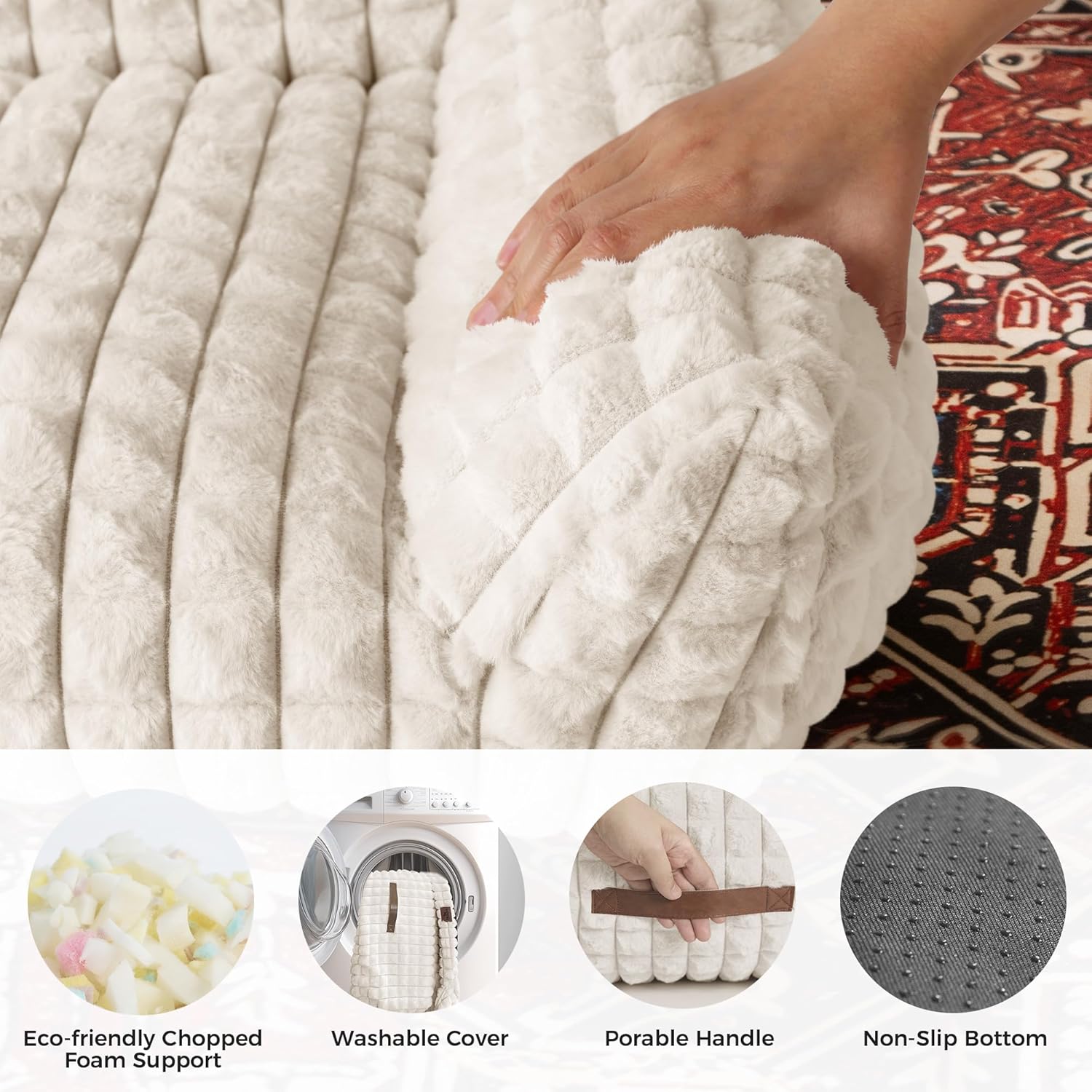 Cat Beds for Indoor Cats - Cute Cat Couch Bed Fluffy Pet Sofa with Faux Rabbit Fur Washable Cover, Fuzzy Pet Couch in 3D Diamond Pattern, Suppportive Large & Small Cats Sofa, 24inch Off White - Image 5