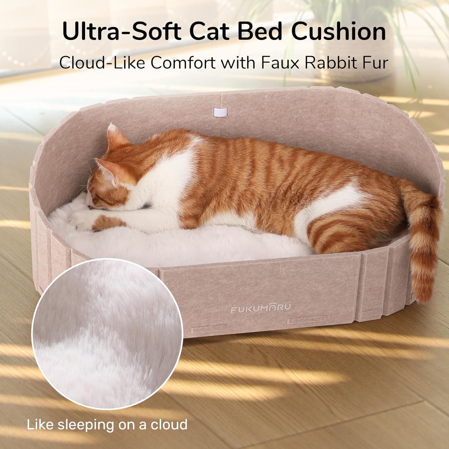 FUKUMARU Cat Beds for Indoor Cats, 24 Inch Large Cat Couch Bed with Cozy Faux Rabbit Fur Cushion, Felt Cats House Sofa in Oval Shape, Camel - Image 3