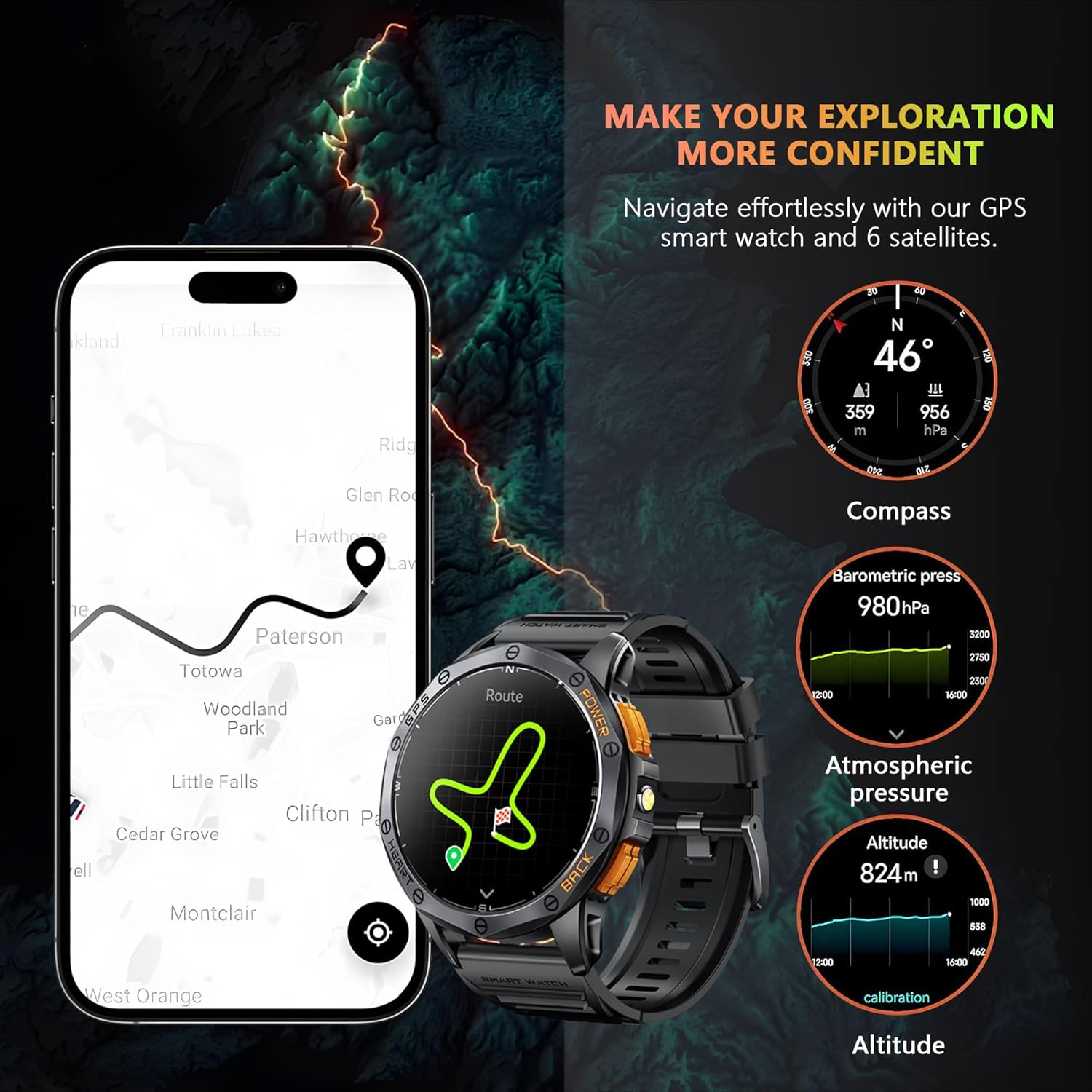 Military Smart Watch With GPS, 170+ Sport Modes Smartwatch with Heart Rate Monitor, Compass, Flashlight, GPS, Smart Watch for men,1.43" AMOLED Screen Bluetooth Call,Compatible iOS & Android (2 Bands) - Image 3