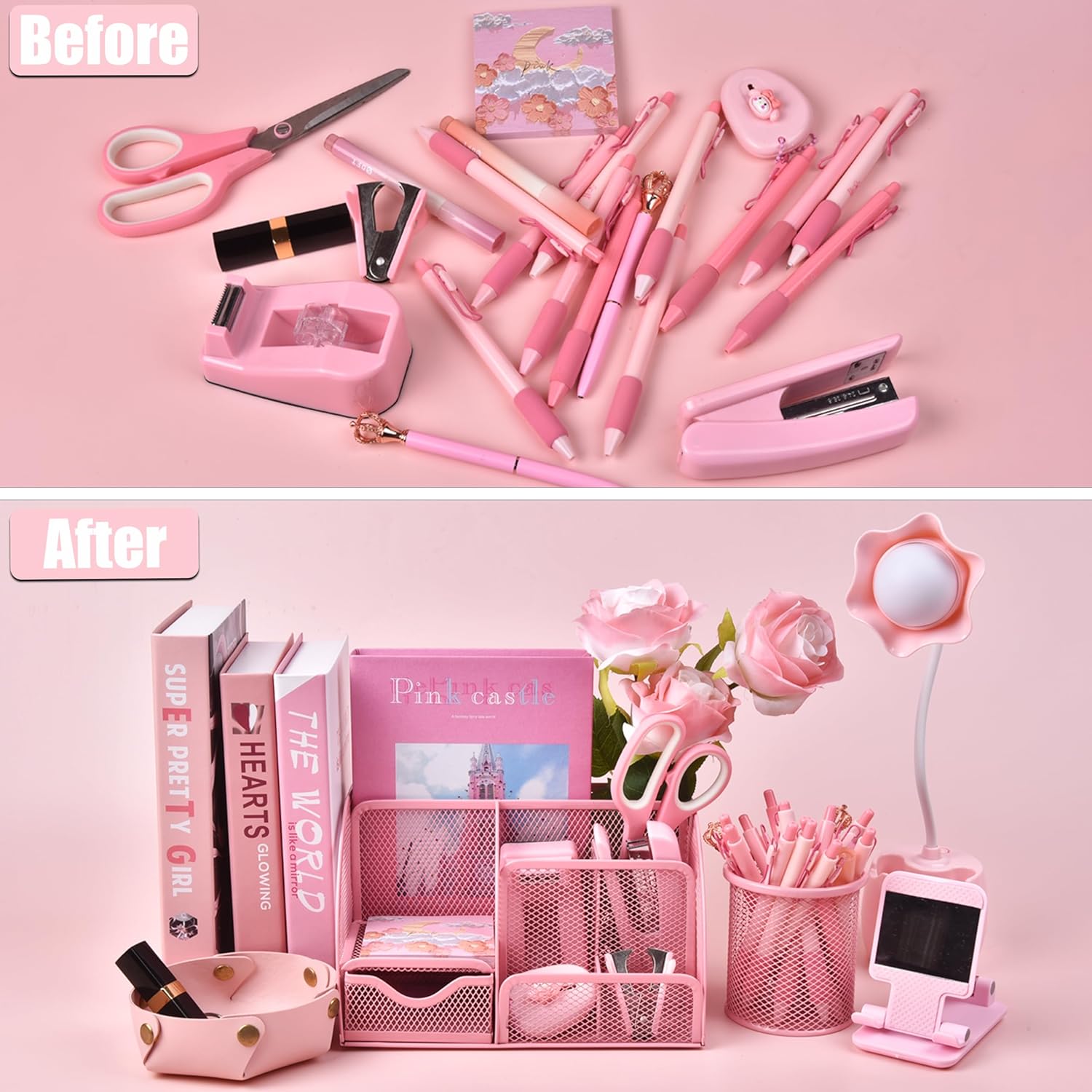 Pink Desk Accessories, 24Pcs Pink Office Supplies and Desk Organizers, with Tape Dispenser, Stapler, Staple Remover, Ect, Gift Box Packaging - Image 3