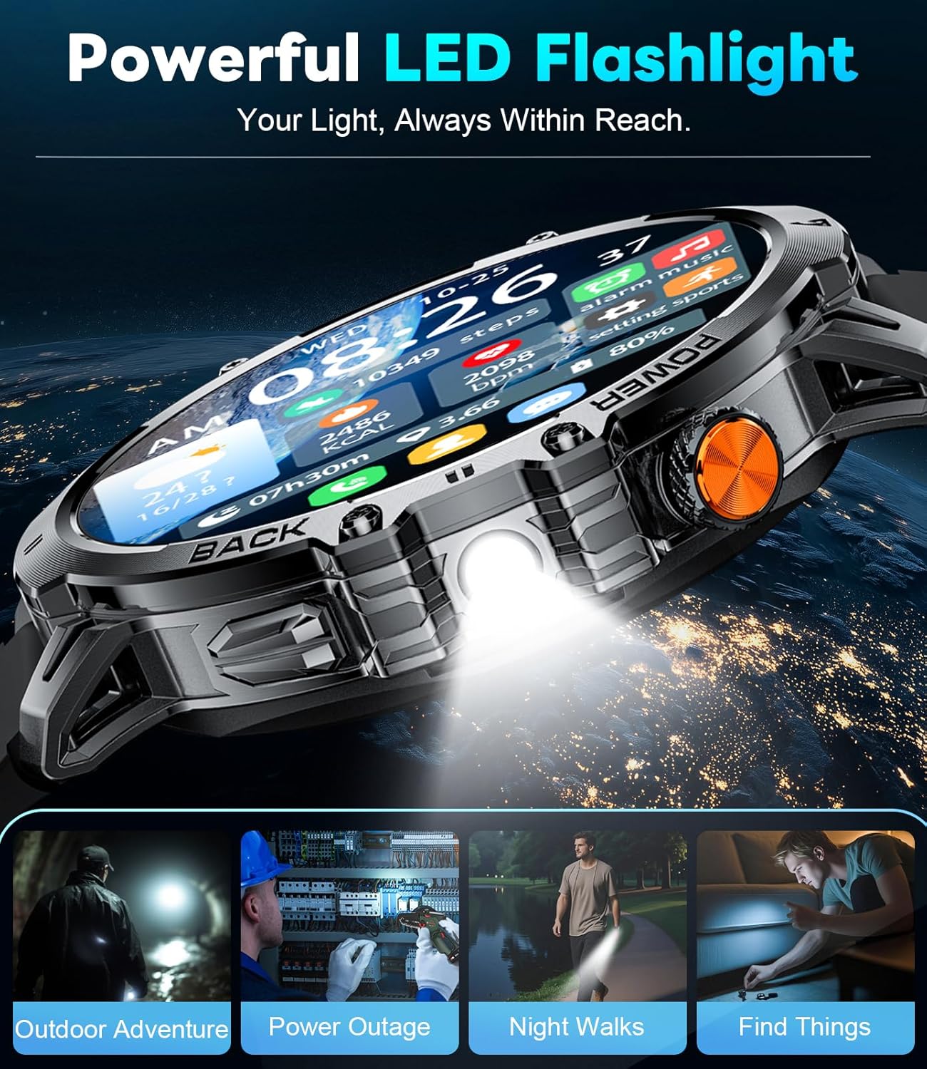 Military Smart Watch for Men, 1.85" HD Large Screen, Bluetooth Call/1000mAh/Flashlight/Heart Rate Sleep Monitor, 110+ Sports Modes Fitness Tracker Watch for Android iOS, Holiday, 3 Straps, Black - Image 4