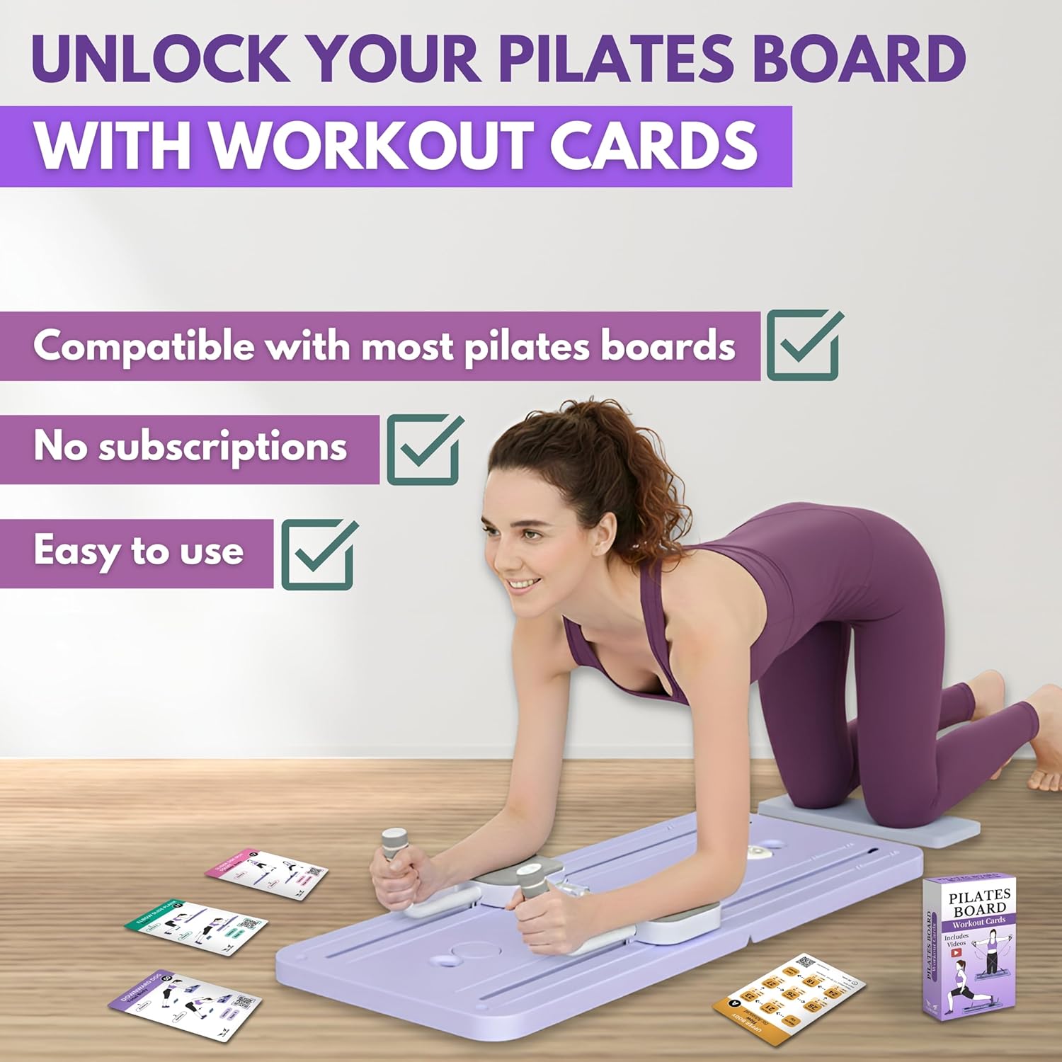 Pilates Board Workout Cards – 67 Exercise Cards with Videos & Workout Plan - Includes 5-Week Challenge, Ebook, Progress Chart & 2 Rings for Easy Organization - Home Portable Reformer Guide for Women - Image 2