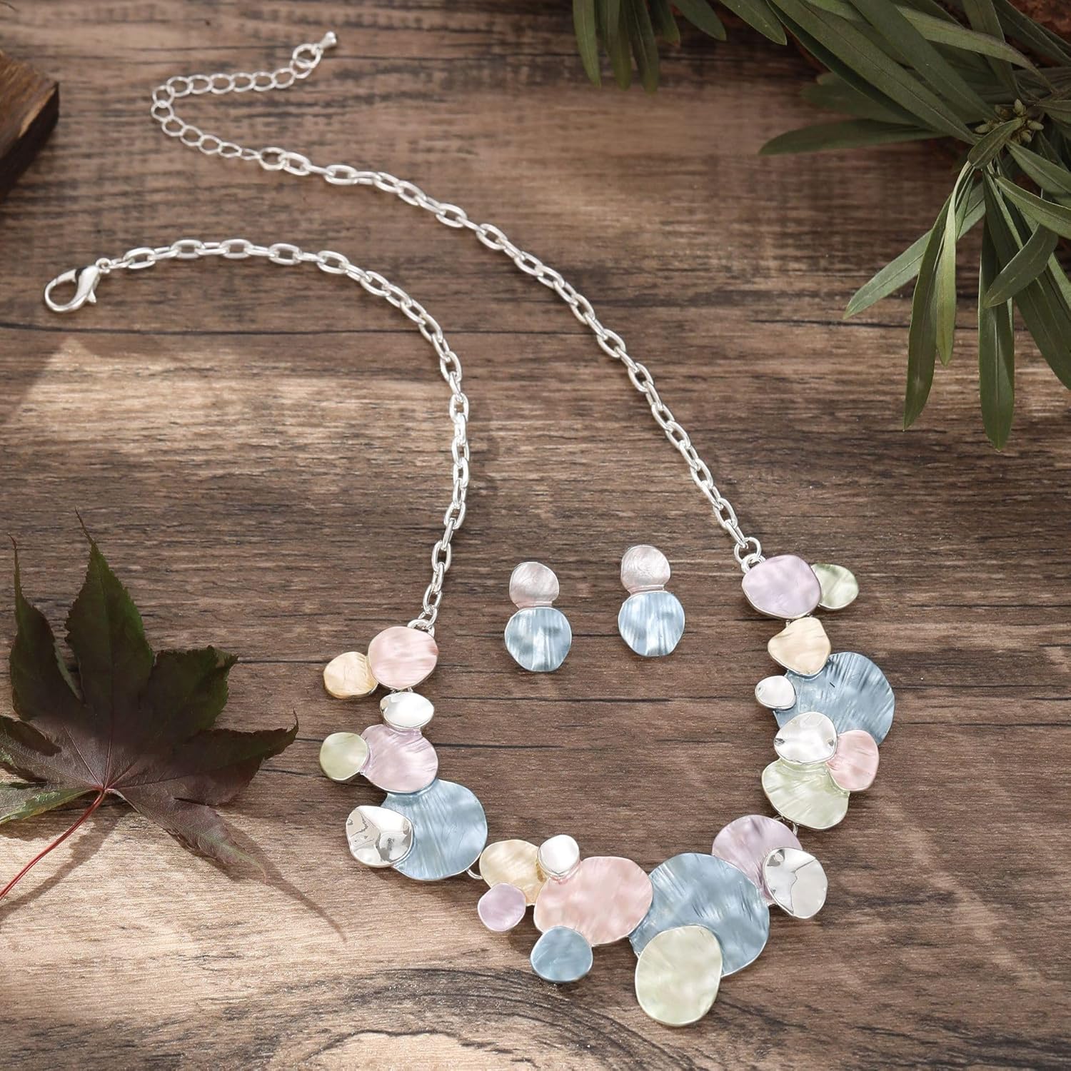 Pastel Round Coin Jewelry Set for Women Minimalist Disc Geometric Chain Link Adjustable Bib Collar Statement Necklace with Dangle Drop Stud Earrings Fashion Trendy Jewellery Pack - Image 4