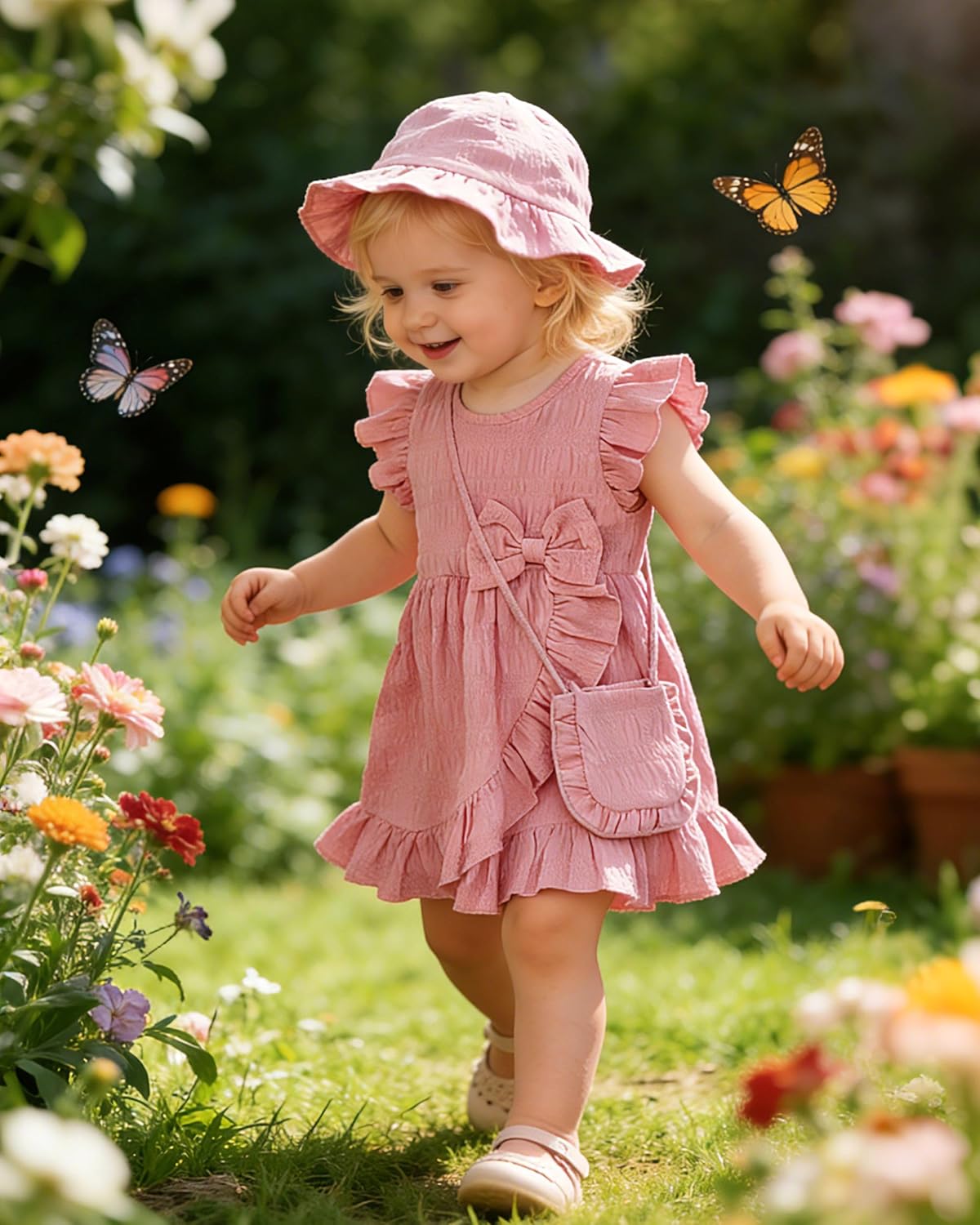 SODLON Toddler Baby Girl Dress Summer Clothes Outfits Ruffle Sleeveless Bow Dresses Beach Vacation Sundress with Hat - Image 3