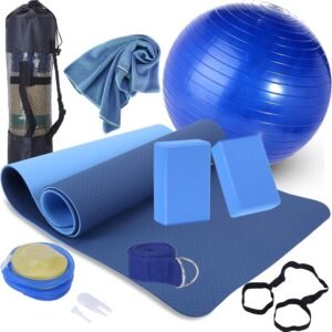 Yoga Starter Kit – 11-Piece Set with Yoga Blocks, Strap, Ball, Mat, Carrying Strap, Net Bag, Cooling Towel