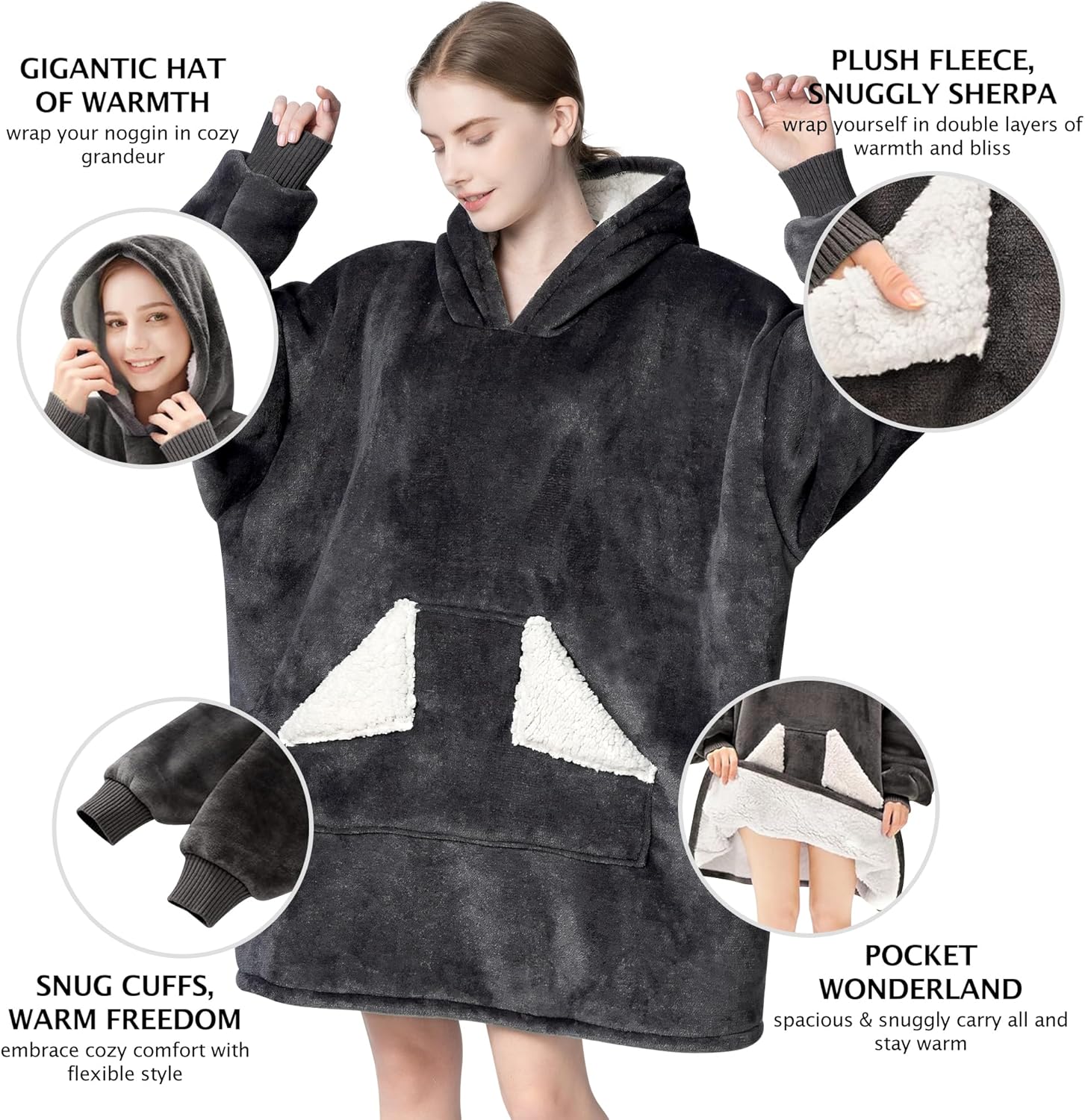 Touchat Wearable Blanket Hoodie, Oversized Sherpa Fleece Sweatshirt Blanket with Giant Hood Pocket and Sleeves for Adult, Warm & Cozy Grey Blanket Gifts for Women - Image 3