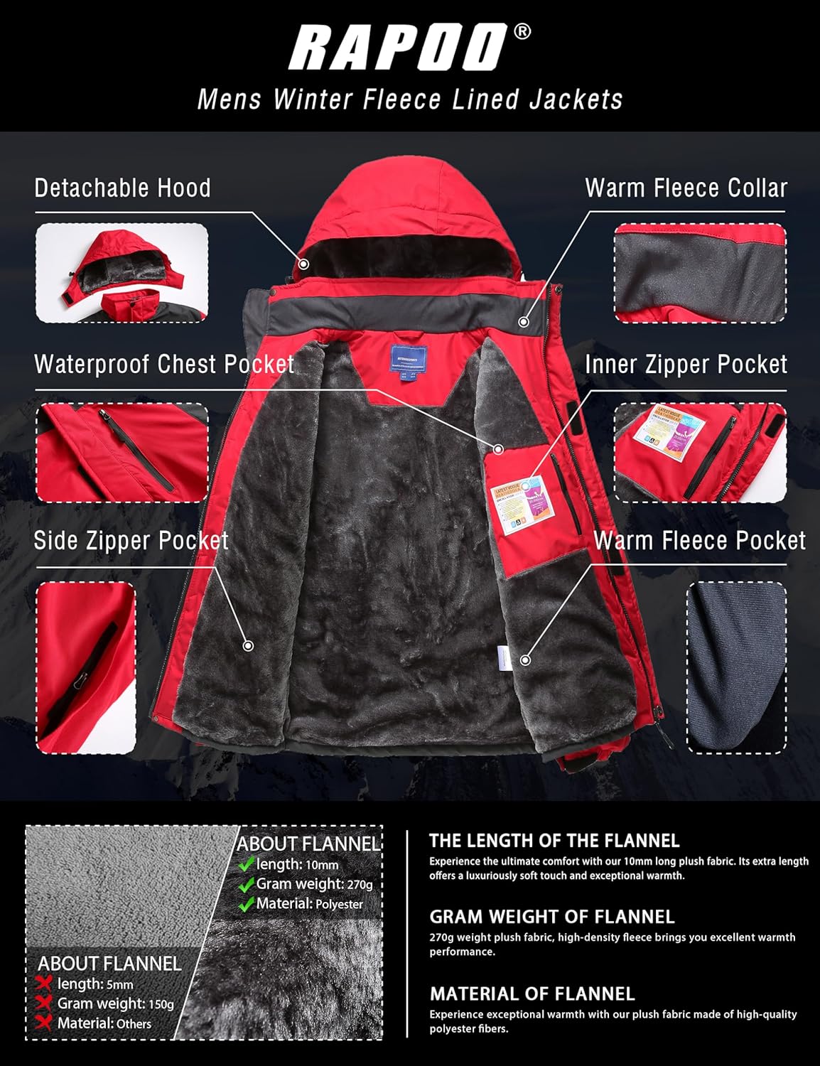 Rapoo Men's Winter Ski Snow Jacket Mountain Waterproof Windproof Rain Jacket - Image 3