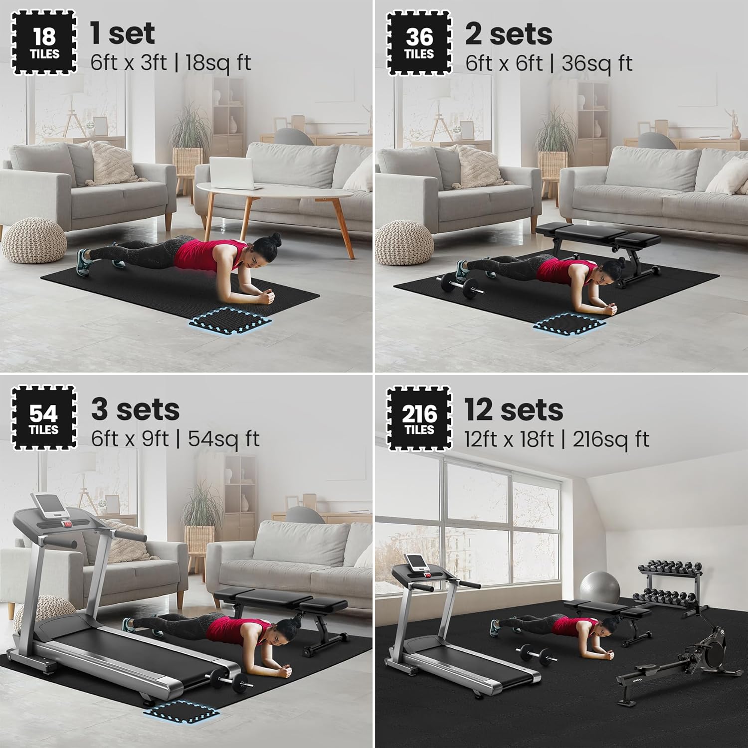 bemaxx Gym Mats Set - 18 pcs EVA Interlocking Foam Floor Tiles (12.6"x12.6"x0.4") 18sqft Protective Gym Flooring Sports Home Workout Exercise Mats Puzzle Garage Fitness Play-Room Pool Treadmill Bike - Image 3