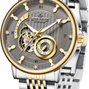 Men’s Luxury Automatic Watches with Self-Winding Movement Analog Mechanical Watch Luminous Waterproof Wrist Watches for Men, Gold/Green/Gray/White/Black Dial, Leather/Stainless Steel Band, No Battery Needed