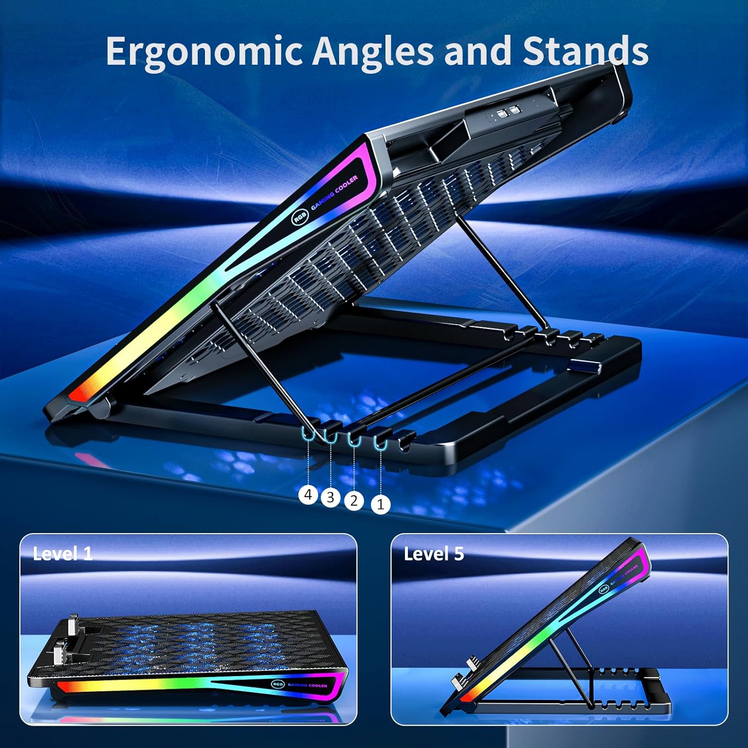 AICHESON Gaming Laptop Cooling Pad with 15 Cooler Fans, RGB Ultimate Computer Stand Base with Silent Fans for 15-18 Inch Laptops, Blue LED Lights - Image 5