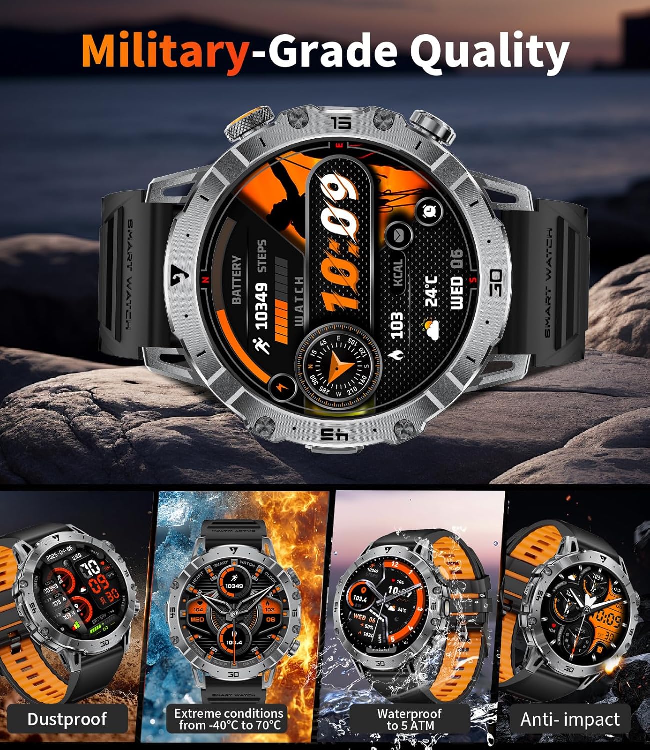 Military Smart Watch for Men(3 Bands),1000mAh /1.7" HD Large Display Smart Watches with LED Flashlight for Android iOS (Call Answer/Calls)Fitness Tracker with Heart Rate/Sleep Tracking/IP68 Waterproof - Image 8