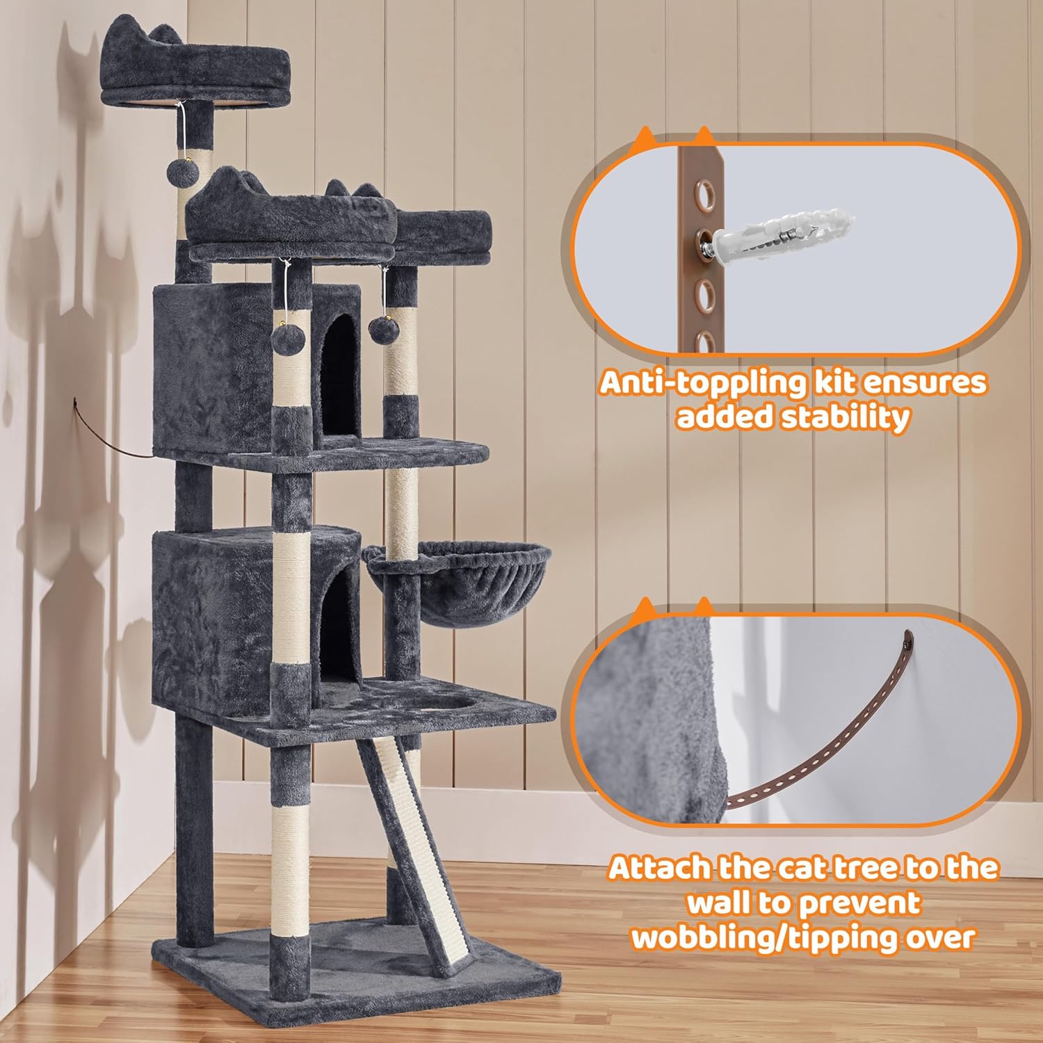 Yaheetech | 68.5in Cat Tree | for Large Cats | Multi-Level Cat Tower with 3 Wide Perches, Large Condo | Stable Pet Play House w/Sisal-Covered Scratching Posts & Board | Dark Gray - Image 9