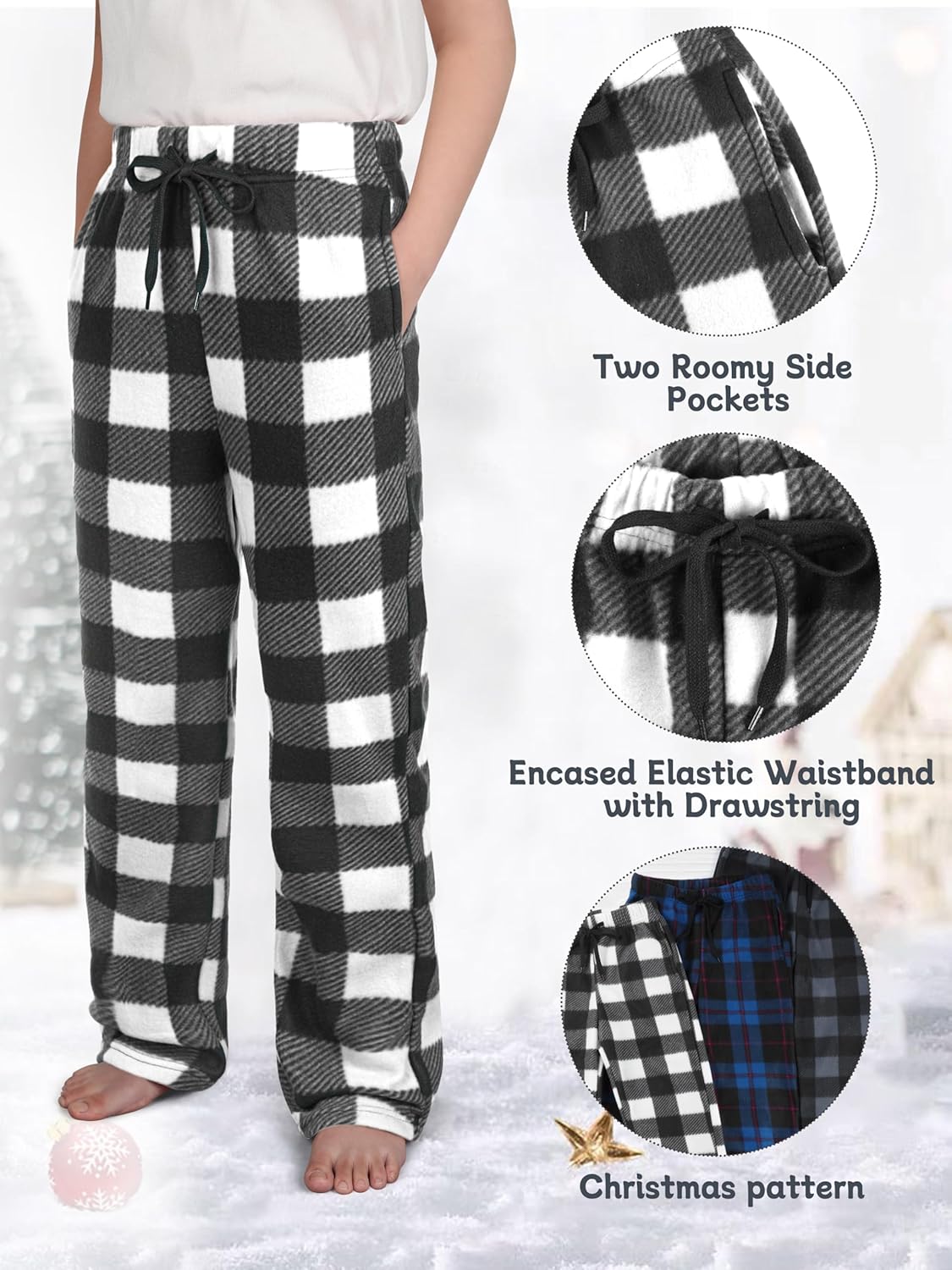 IHU 3 Pack Boys Pajama Pants Kids Micro Fleece Pj Bottoms Sleepwear Plaid Lounge Pant with Drawstring Pockets Boy Clothes - Image 2