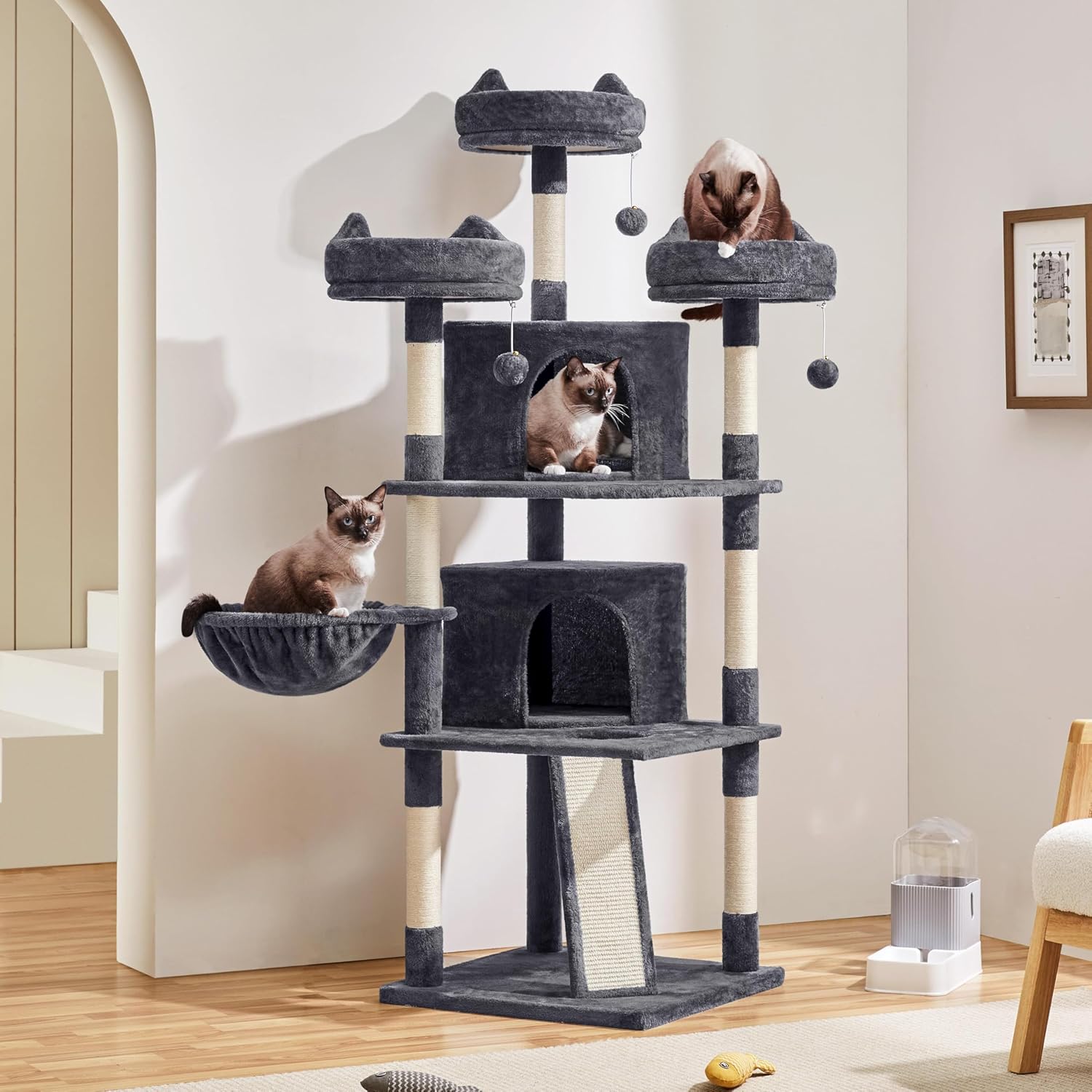 Yaheetech | 68.5in Cat Tree | for Large Cats | Multi-Level Cat Tower with 3 Wide Perches, Large Condo | Stable Pet Play House w/Sisal-Covered Scratching Posts & Board | Dark Gray - Image 2