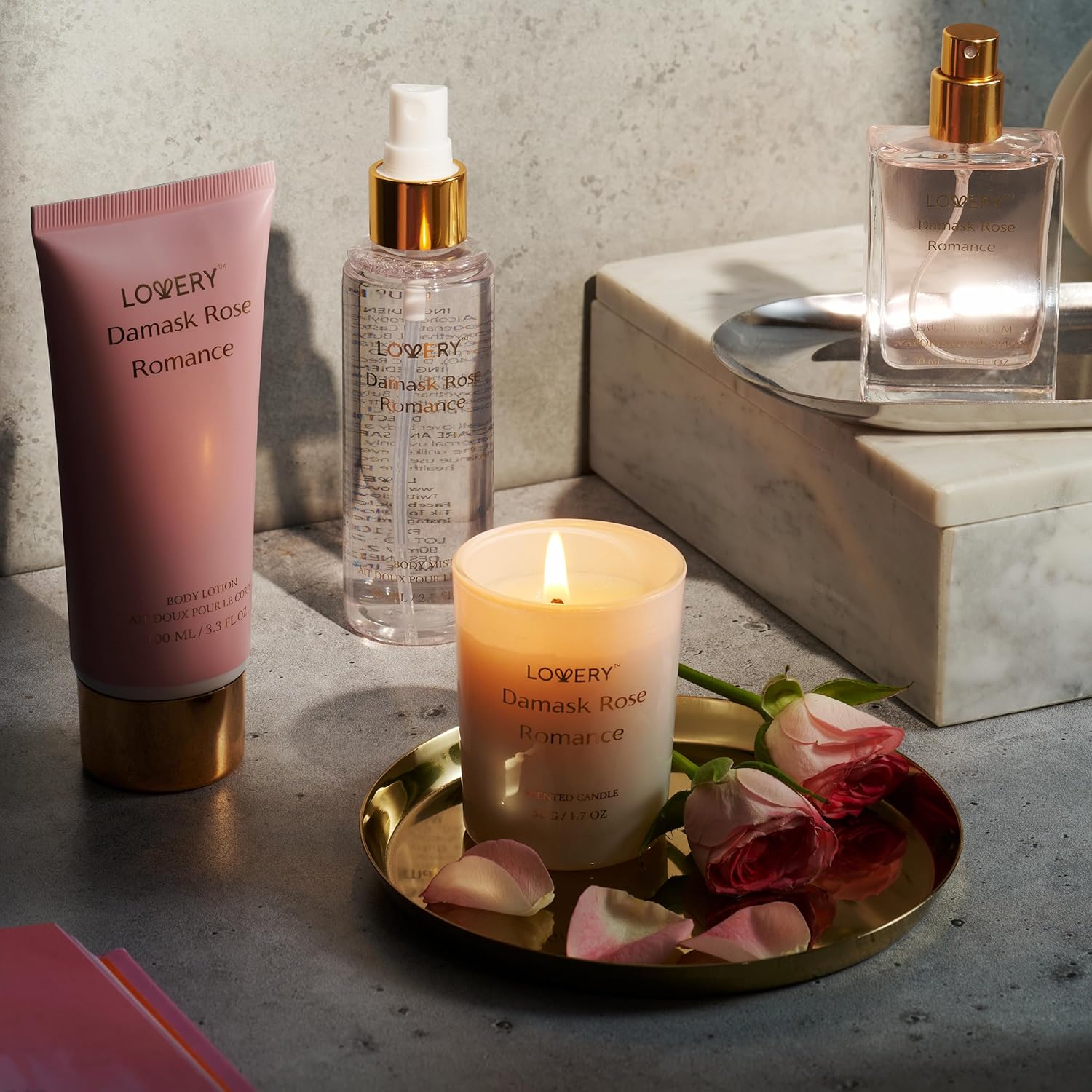 Womens Gift, Birthday Gifts for Mom, Self Care Gifts for Women, Damask Rose Romance Spa Kit with Soy Candle, Perfume Roll On, Body Lotion, Body Mist & Eau de Parfum - Bath & Body Care Set - Image 3