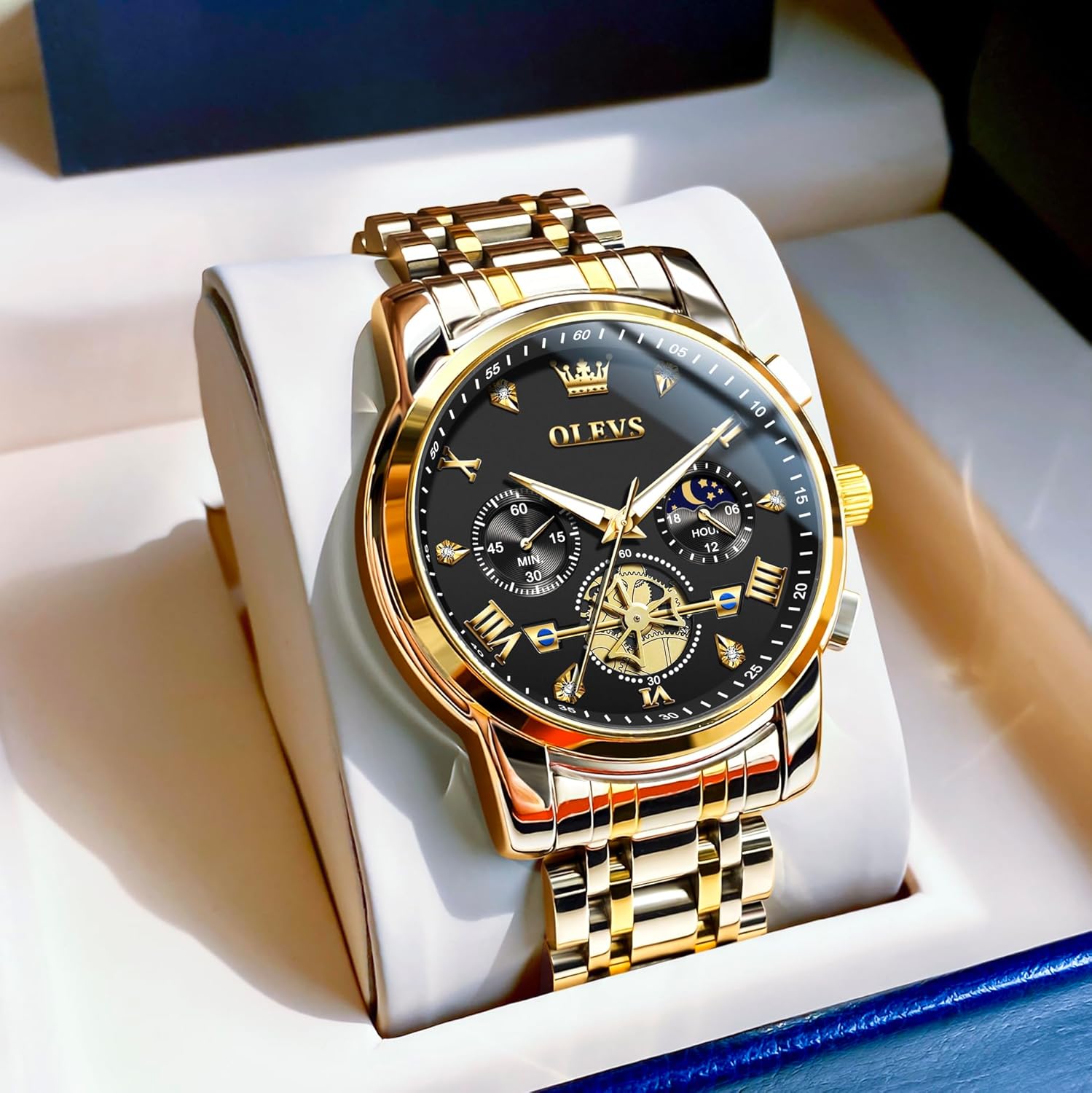 OLEVS Men Watches Stainless Steel Chronograph Watch, Large Wrist Analog Quartz Watch, Fashion Waterproof Diamond Roman Numerals Dress Watches for Men, Gold/Black/White/Blue/Grey Dial - Image 6