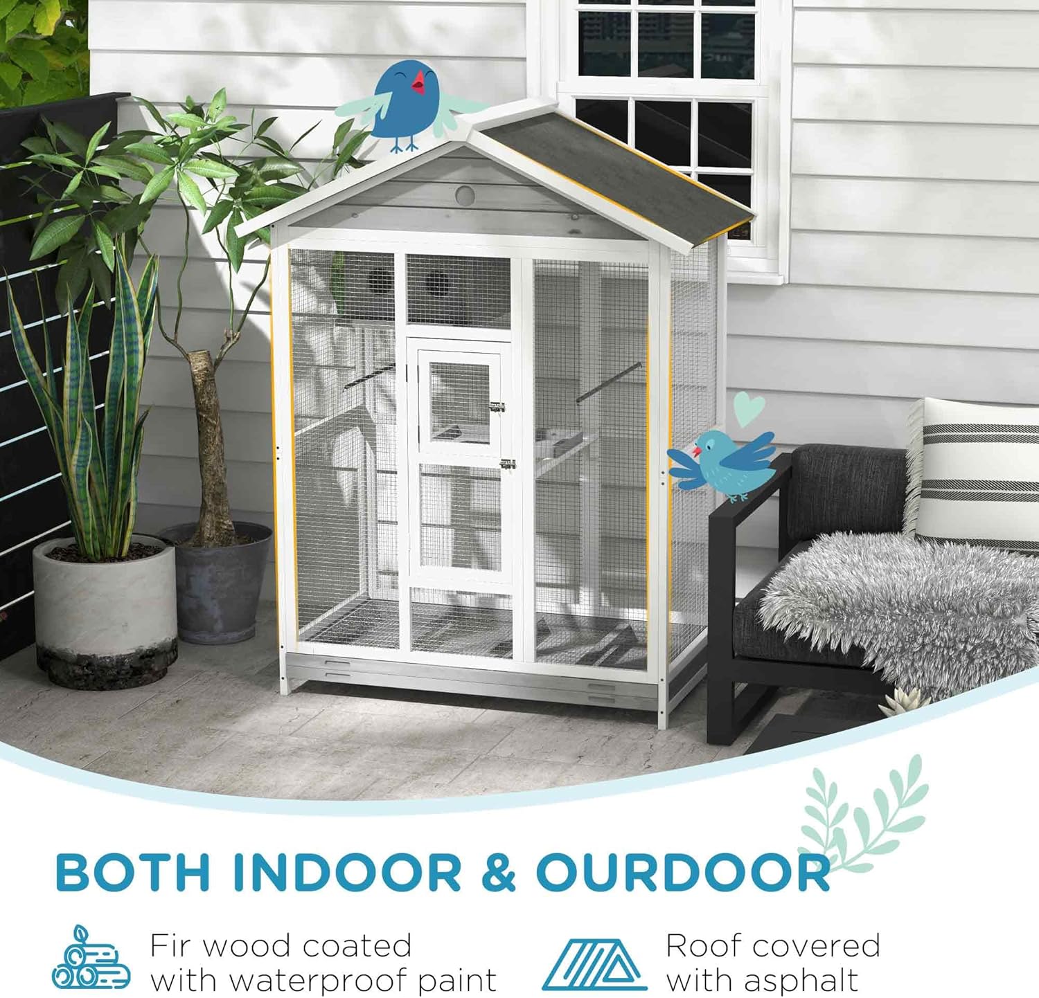 PawHut 64.5" Wooden Bird Cage Aviary, Flight Cage with 4 Perches, Nest and Slide-Out Tray for Indoor/Outdoor, Gray - Image 6