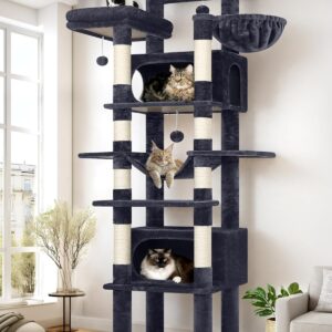 Globlazer XXL Giant Cat Tree, 83 Inch Heavy Duty Tall Cat Tower for Indoor Cats Large Adult, Multi-Level Large Cat Condo with 8 Scratching Posts, Hammock, 2 Cat Caves, 2 Platform, F83B, Dark Grey