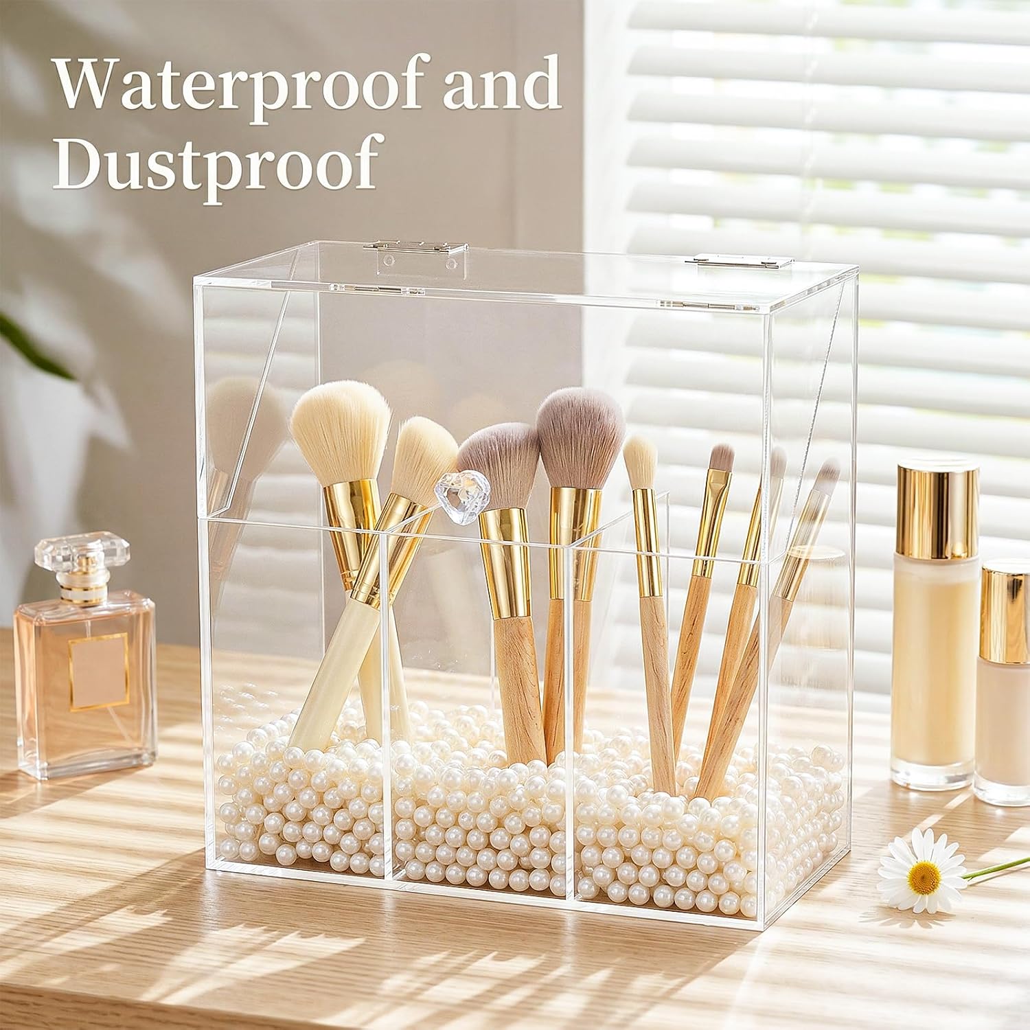 Okllen Makeup Brush Holder with Dustproof Lid, White Pearls, Acrylic Clear Makeup Brush Organizer with 3 Compartment, Large Cosmetic Brush Storage Box Case for Vanity, Bathroom, Bedroom - Image 8