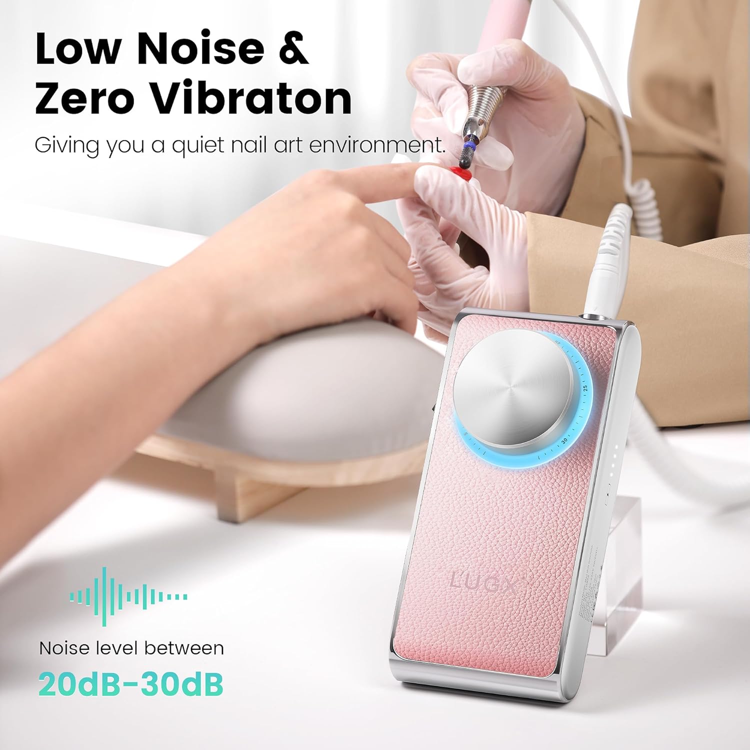 L'UGX Professional Nail Drill 30000RPM, Cordless Rechargeable Electric Nail File for Acrylic Nails Gel Polishing, Efile Nail Kit for Manicure Pedicure, Low Noise Low Vibration, 7Pcs Drill Bits, Pink - Image 7