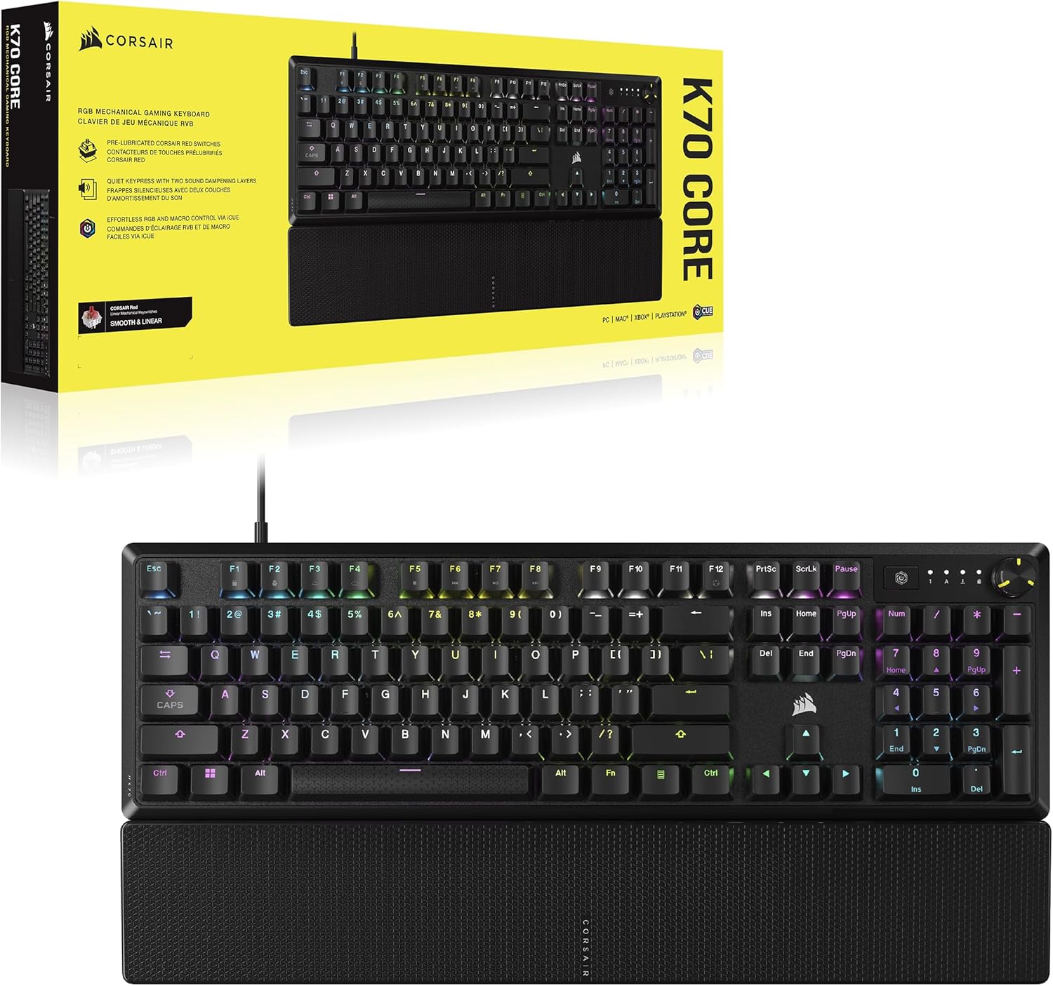 CORSAIR K70 CORE RGB Mechanical Wired Gaming Keyboard with Palmrest – Pre-Lubed MLX Red Linear Switches, SOCD, ABS Double-Shot Keycaps, Sound Dampening, Media Control Dial, QWERTY NA – Black - Image 9