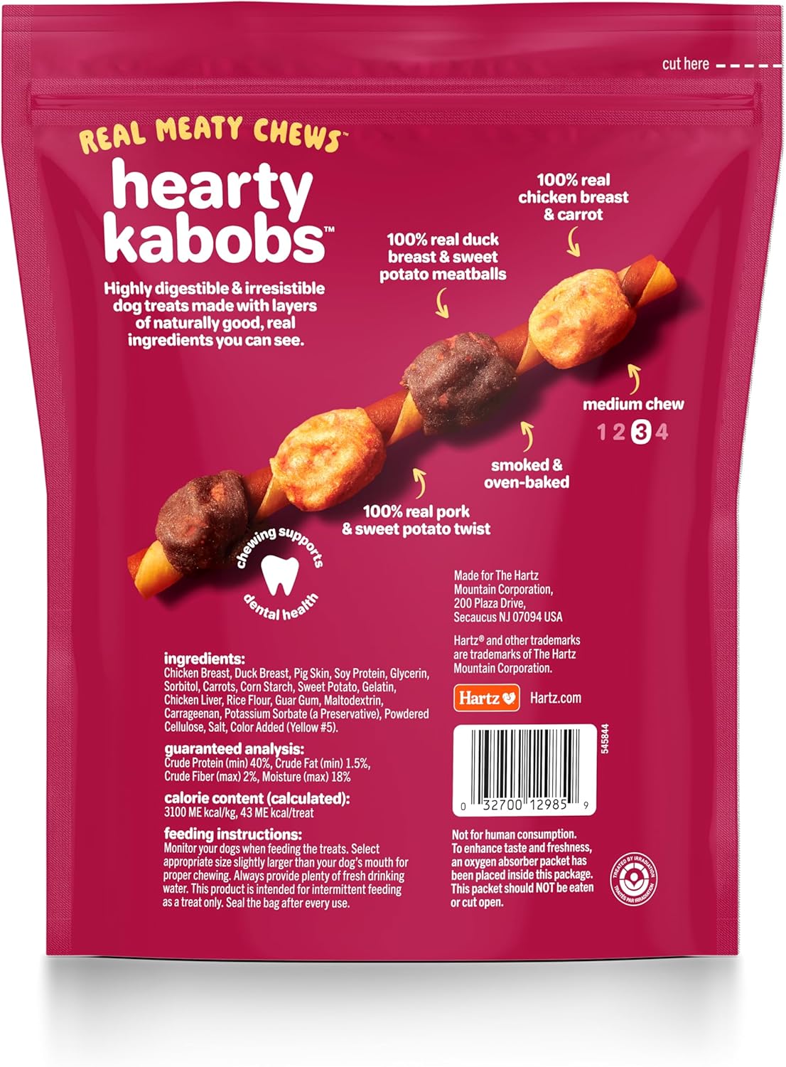 Hartz Oinkies Hearty Kabobs Rawhide‑Free Dog Treats, High‑Protein, Long‑Lasting Highly Digestible Chews Made with Real Chicken, Duck, Sweet Potato & Carrot, 18 Count - Image 3