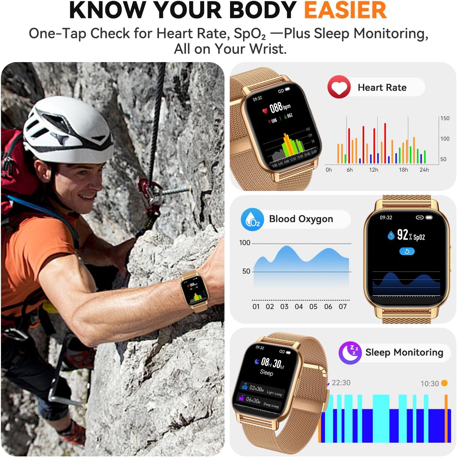 Smart Watch for Women(3 Bands), Smartwatch Fitness Tracker with Bluetooth Calls & AI Voice Control, 1.85’’ HD Screen, Heart Rate/SpO2 Monitor, Sleep Tracker, Compatible with Android iOS (Gold) - Image 4