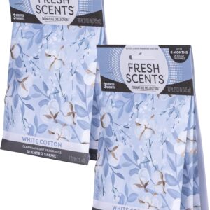 Fresh Scents Scented Sachets | White Cotton |Home Fragrance | Long Lasting (Up to 6 Months) | Air Freshener for Closets, Drawers, & Cars | 6 Pack