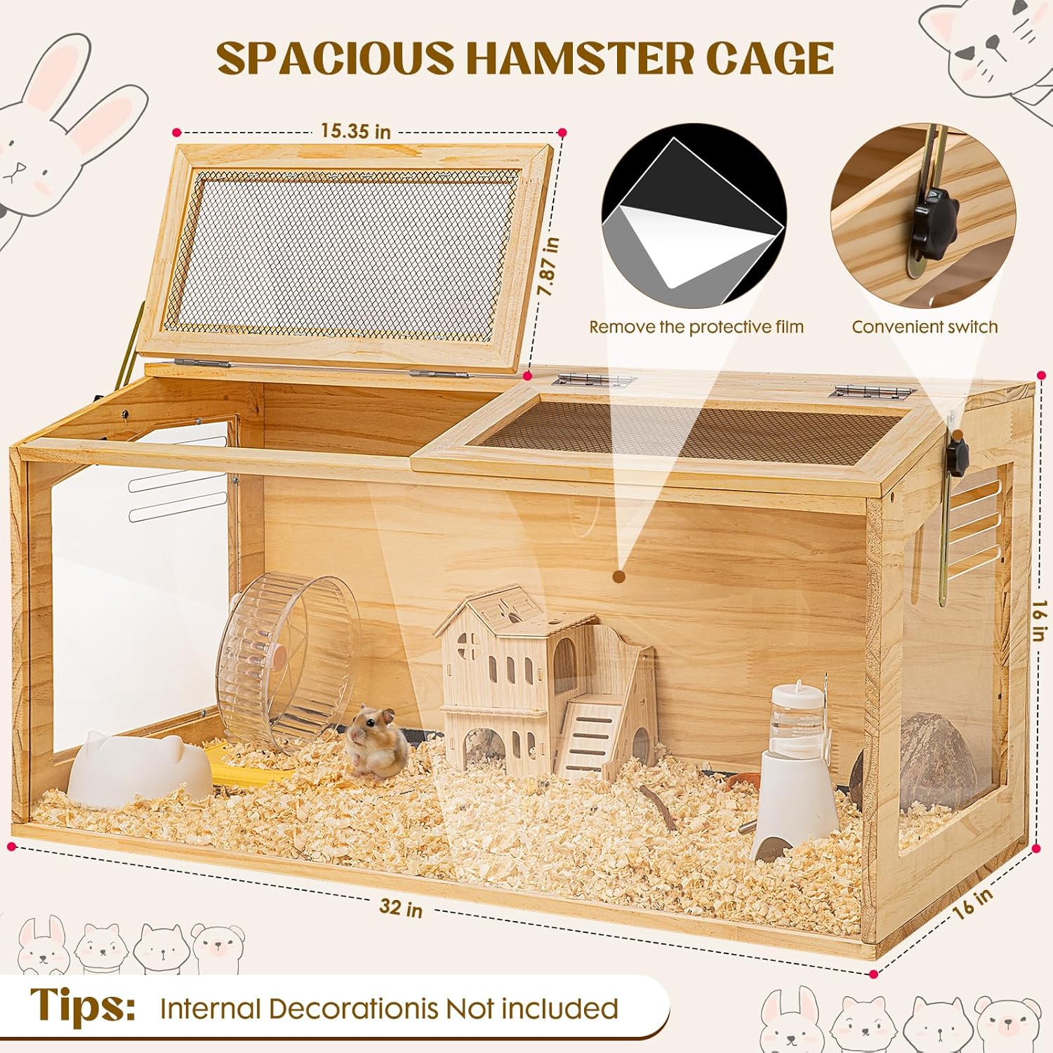 Hamster Cage 32" Wooden Chewproof, 270° Panoramic View Large Habitat with Bite-Proof Mesh, Top Dual Access Doors & Acrylic Panels, for Syrian/Dwarf Hamsters, Guinea Pigs, Chinchillas & Gerbils - Image 2