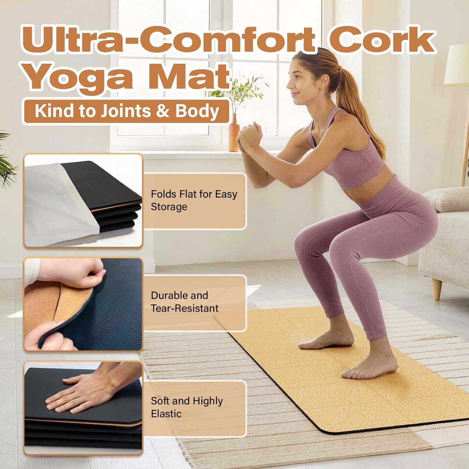LILXIU Foldable Cork Yoga Mat 72 * 24 in 4 mm Thick Sweat Resistant with Rubber Base Hot Yoga Mat with Storage Bag Lightweight Grip Mats for Travel and Pilates Fitness Home Workouts - Image 3