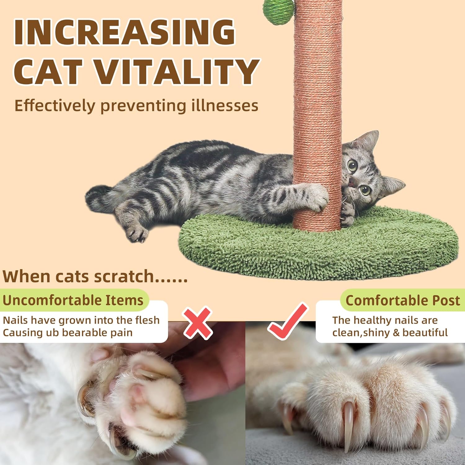 Meowoou Cat Scratching Post 33 Inch Tall Cat Scratcher for Indoor Cats Adults,Small Cat Tree Tower Sisal Rope Kitten Scratch with Interactive Hanging Ball - Image 4