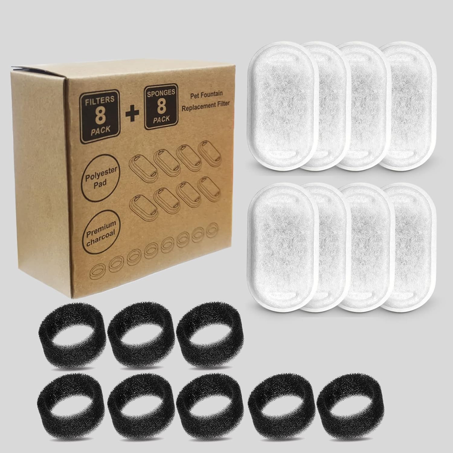 Cat Water Fountain Filters, Compatible with Stainless Steel Pet Fountain 8 Filters with 8 Sponges Replacement Filters for Cat Fountain (8 Filters& 8 Sponges) - Image 7