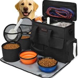 Dog Travel Bag by Modoker – Dog Travel Kit for a Weekend Away Set Includes Pet Travel Bag Organizer for Accessories, 2 Collapsible Bowls, 2 Travel Food Container (Black)