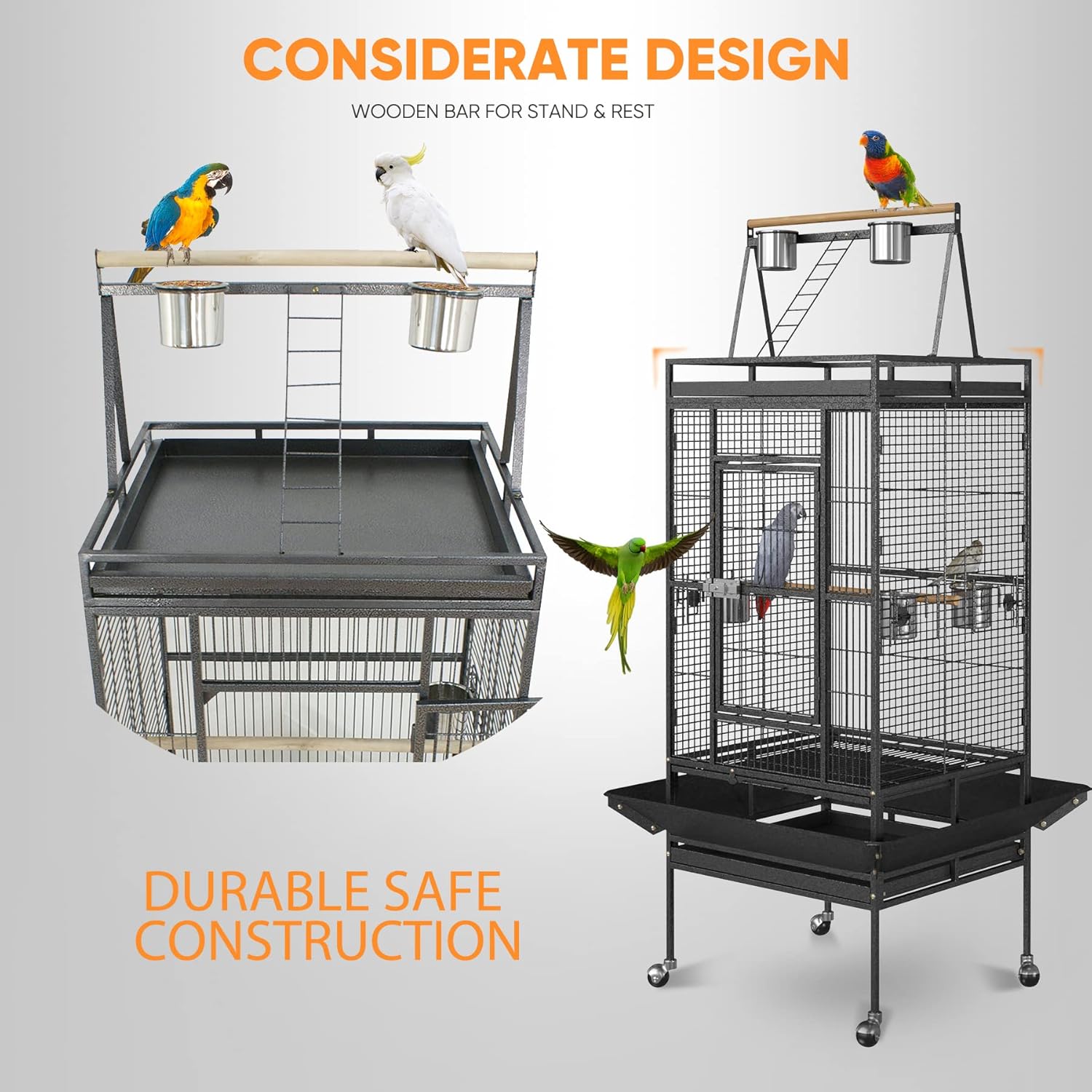 SUPER DEAL 68-inch Large Bird Cage with Rolling Stand African Grey Parrot Chinchilla Finch Cage Conure Cockatiel Cockatoo Pet House Wrought Iron Birdcage, Black - Image 4
