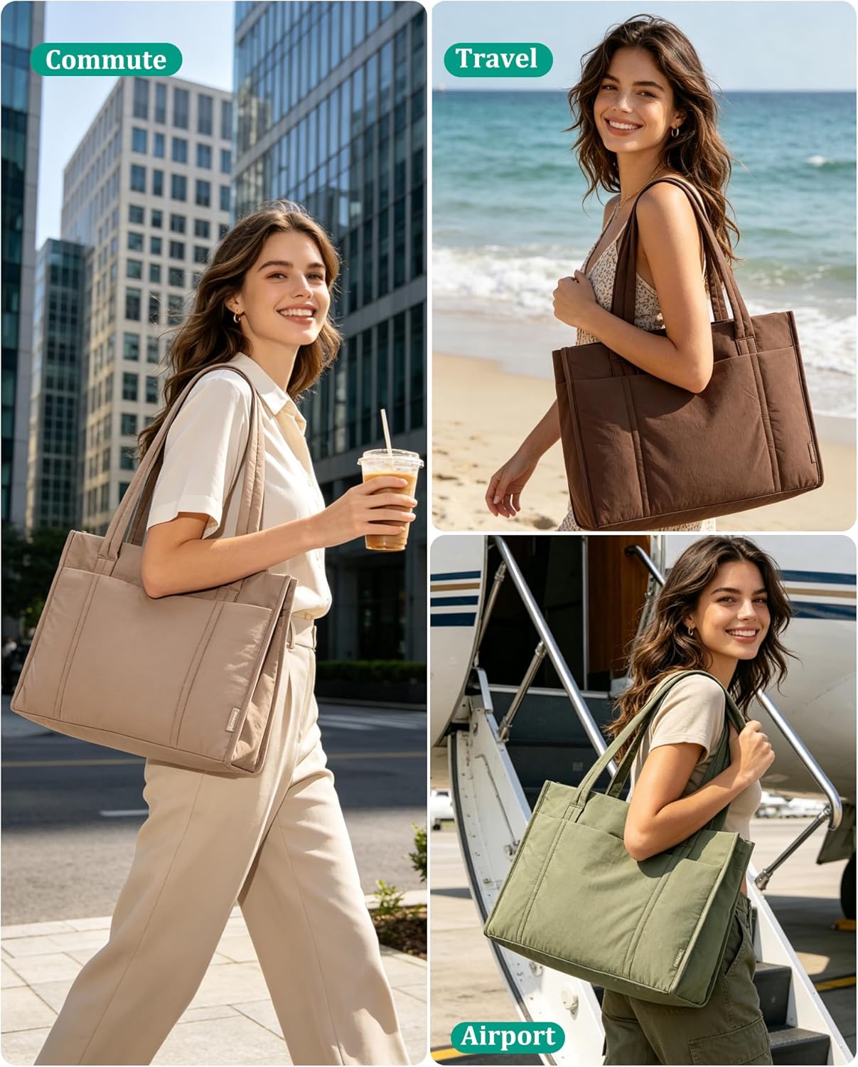 BAGSMART Tote Bag for Women, 2Pc Puffer Tote Bag with Zipper, Quilted Work Tote Teacher Bag Shoulder Handbag | Beach Tote, Diaper Bag Tote, for Travel, Gym, Lightweight, Fit 15.6" Laptop, 21L Medium Tote - Image 2