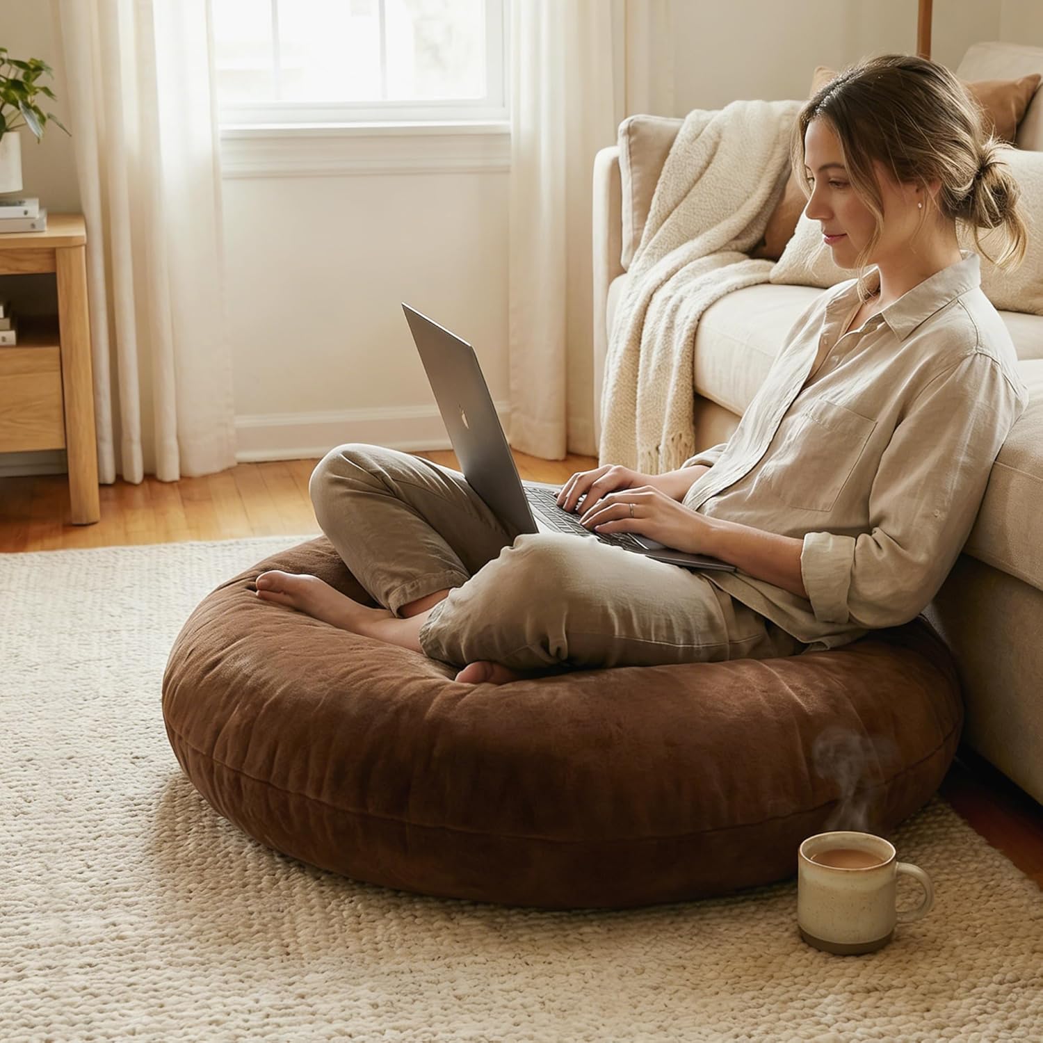 Codi Meditation Cushions Set of 2 – Large Round Floor Pillows for Adults with Removable Washable Cover, Soft and Supportive Floor Cushion for Yoga, Seating and Dog Bed, 32 inch - Coffee - Image 6