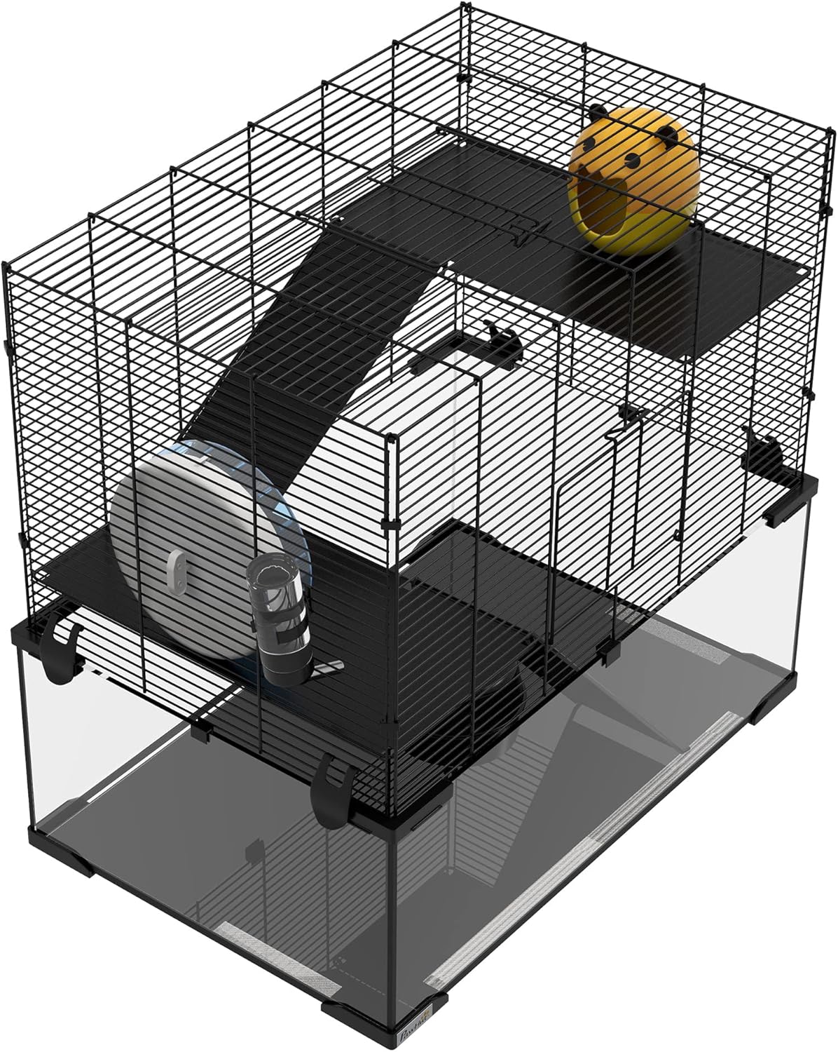 PawHut Large Hamster Cage with Deep Tempered Glass Bottom, 3 Tiers Hamster Tank with Running Wheel, Hut, Water Bottle, Dish, Rat Cage for Syrian, Dwarf, Gerbils, Mouse, 23.5" x 16" x 22.5", Black - Image 8