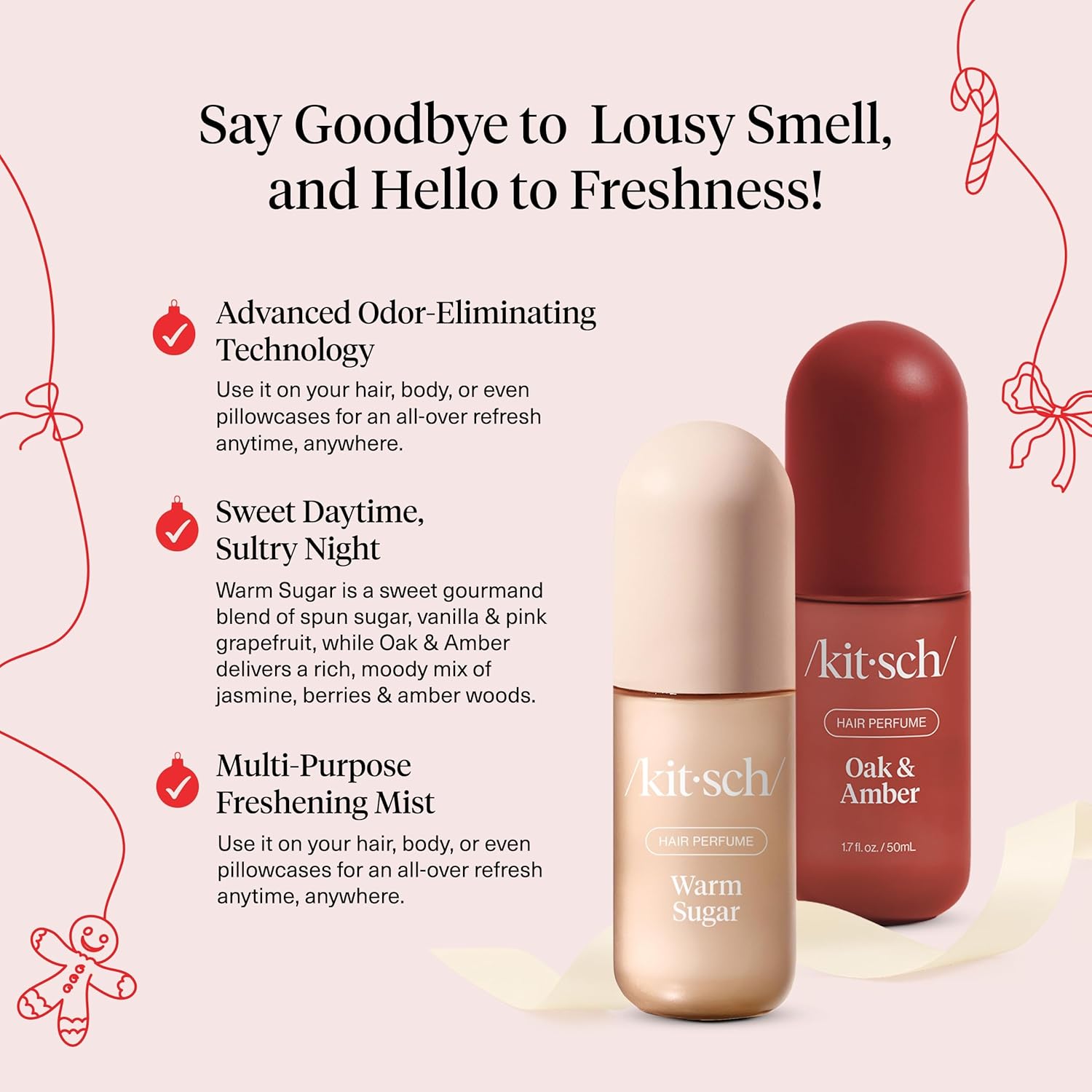 Kitsch Hair Perfume for Women- Warm Sugar and Oak & Amber | Clean, Deodorizing & Patented Odor-Eliminating Technology Hair Spray & Body Mist- Freshen Hair, Pillows | Ideal Gifts for Women - 50mL, 2pcs - Image 2