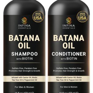 INFINA ESSENTIALS Batana Oil Shampoo and Conditioner Set | 16 fl oz Each | with Biotin & Tea Tree | Moisturizing, Strengthening & Nourishing Formula | Promotes Hair Growth and Thickness