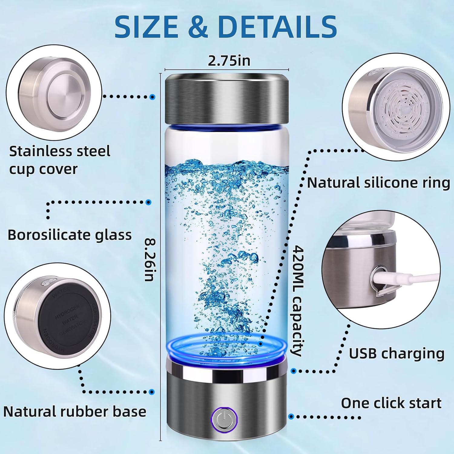 Hydrogen Water Bottle Generator 2pack, Glass Hydrogenated Water Bottles Health Cup, Hydrogen Water Generator w SPE/PEM Tech Improve Water for Home/Office/Travel/Daily Drinking Gift for Mom Father Day - Image 6