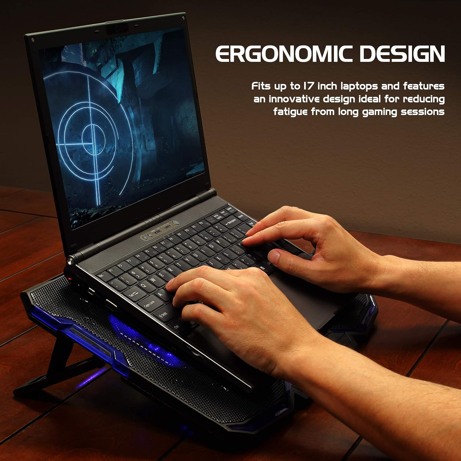 ENHANCE Cryogen Gaming Laptop Cooling Pad - Fits 17 in Computer- Adjustable Laptop Cooling Stand with 5 Quiet Cooler Fans, 2 USB Ports and LED Lighting - Slim Portable Design 2500 RPM (Blue) - Image 4