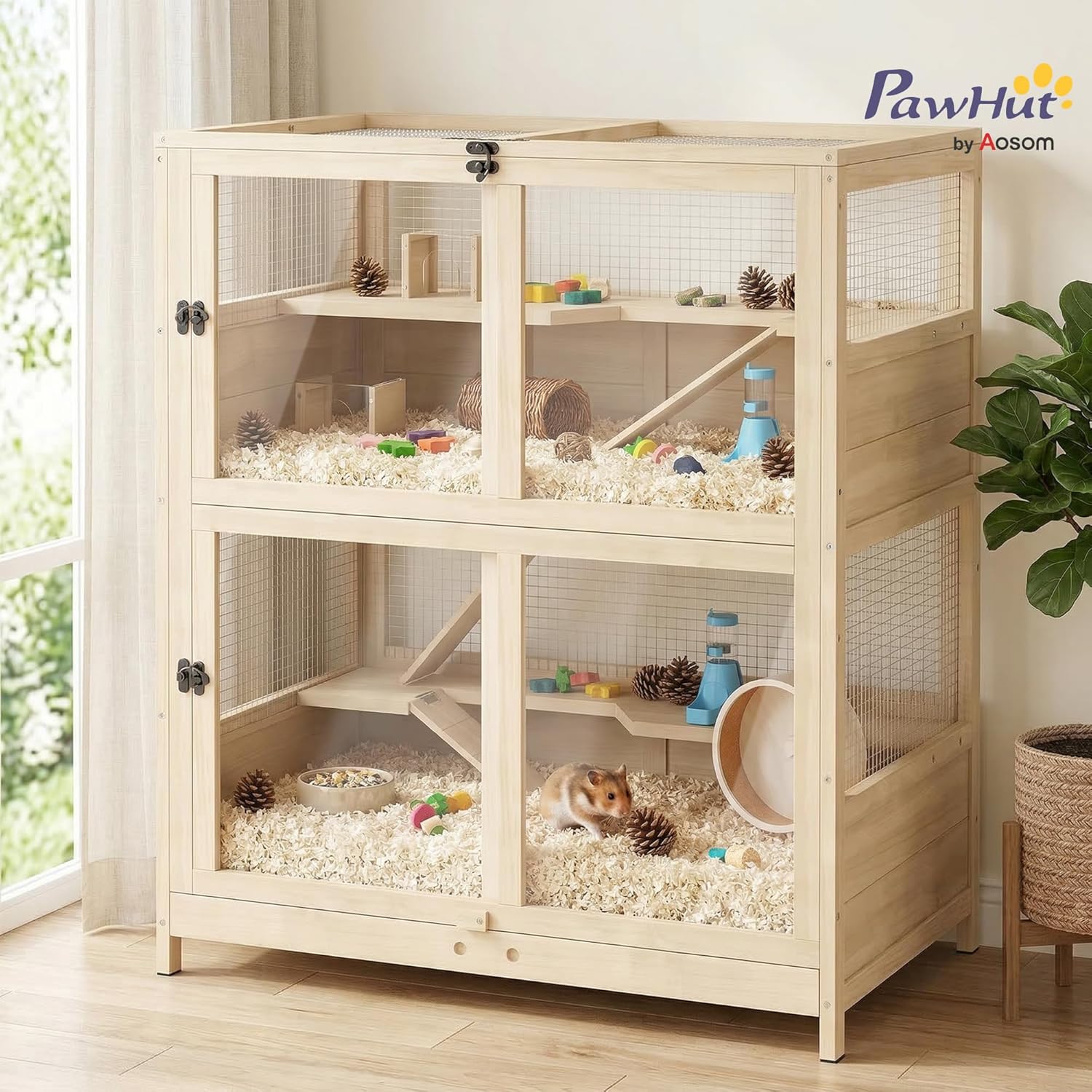 PawHut Wooden Hamster Cage, 4 Tier Small Animal Cage with Mesh Flip Roof, Pull-Out Tray, Huts, Seesaws, Ramps and Water Bottles, Hamster Habitat for Dwarf Syrian Mice Gerbil, 33" x 21" x 36" - Image 2
