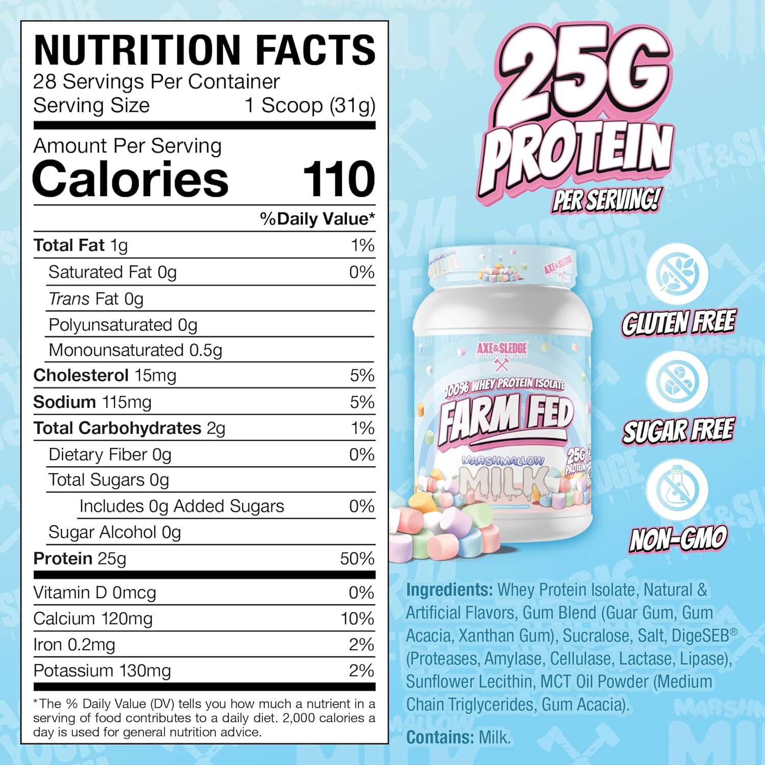 Axe & Sledge Farm Fed 100% Whey Protein Isolate | 25g Protein | Low Carb, Low Sugar, Soy Free, Gluten Free | Protein Powder for Men and Women | Keto | Made in the USA | 28 Servings, Marshmallow Milk - Image 2