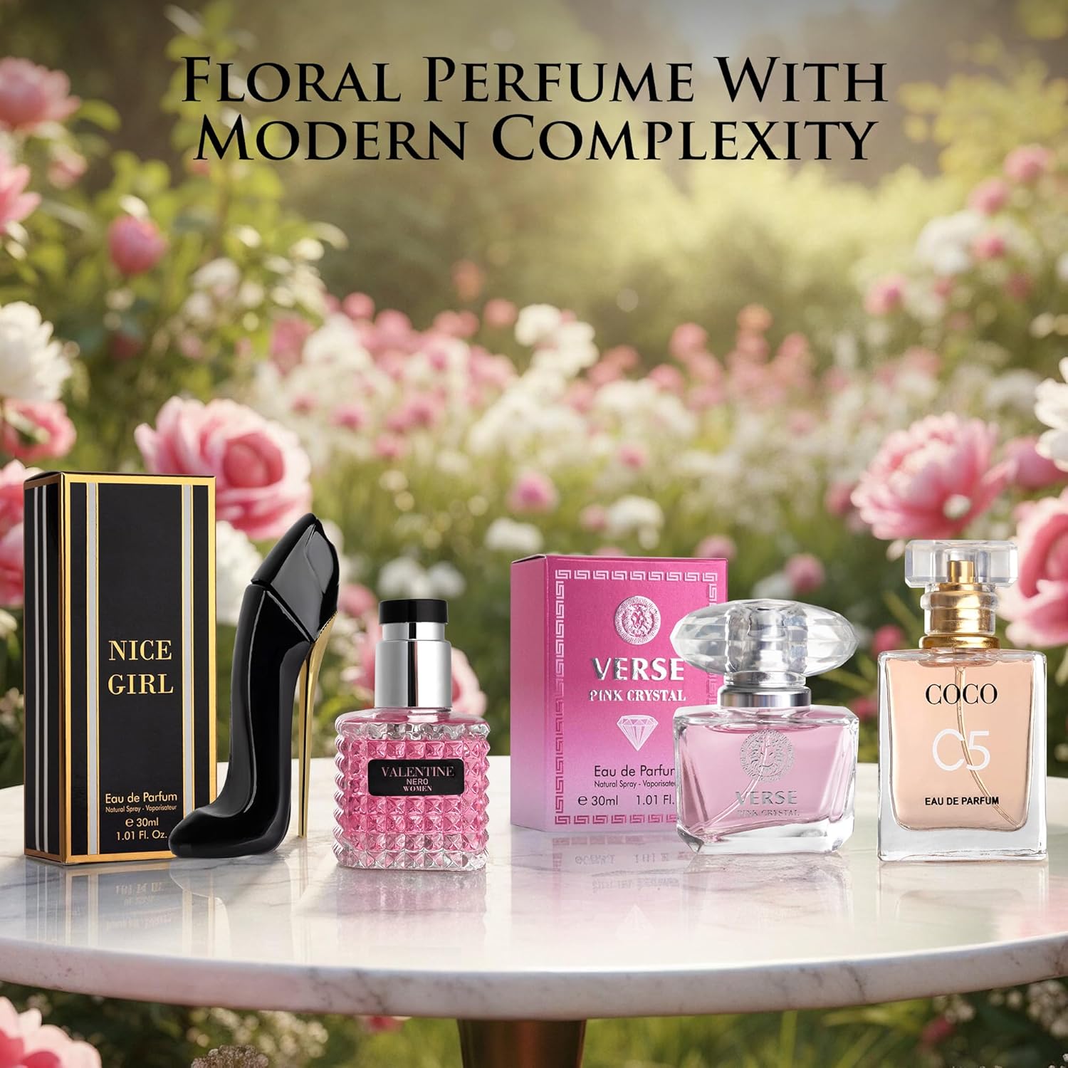 Essential 4 PC Mini Perfume Set, Birthday Gift Set for Women, Eau De Parfum 30ml Each, Vanilla Perfume & Floral Fragrance, Long-Lasting Travel Size, C5, Verse Pink Crystal, Nice Girl & Valentine - Image 3