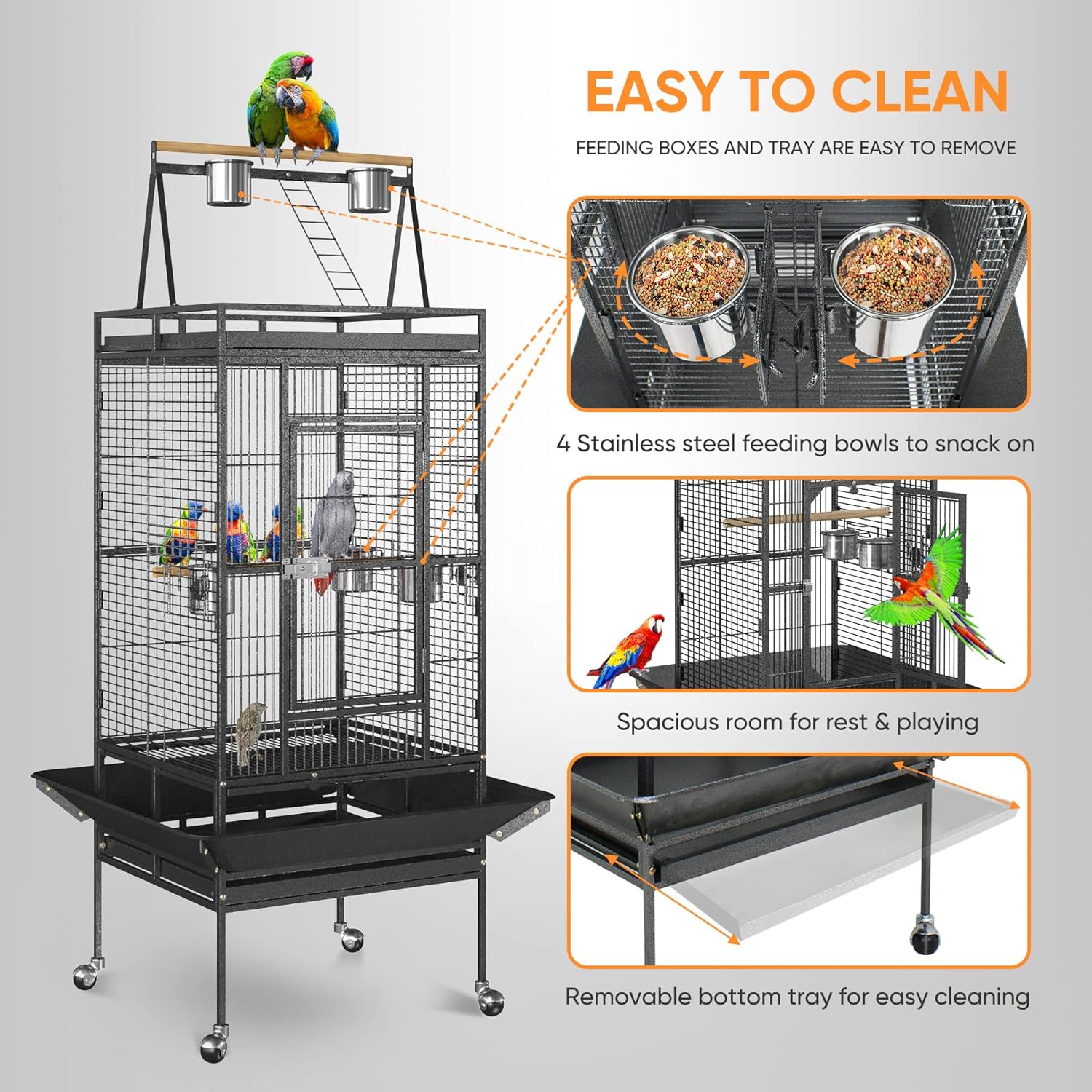 SUPER DEAL 68-inch Large Bird Cage with Rolling Stand African Grey Parrot Chinchilla Finch Cage Conure Cockatiel Cockatoo Pet House Wrought Iron Birdcage, Black - Image 3