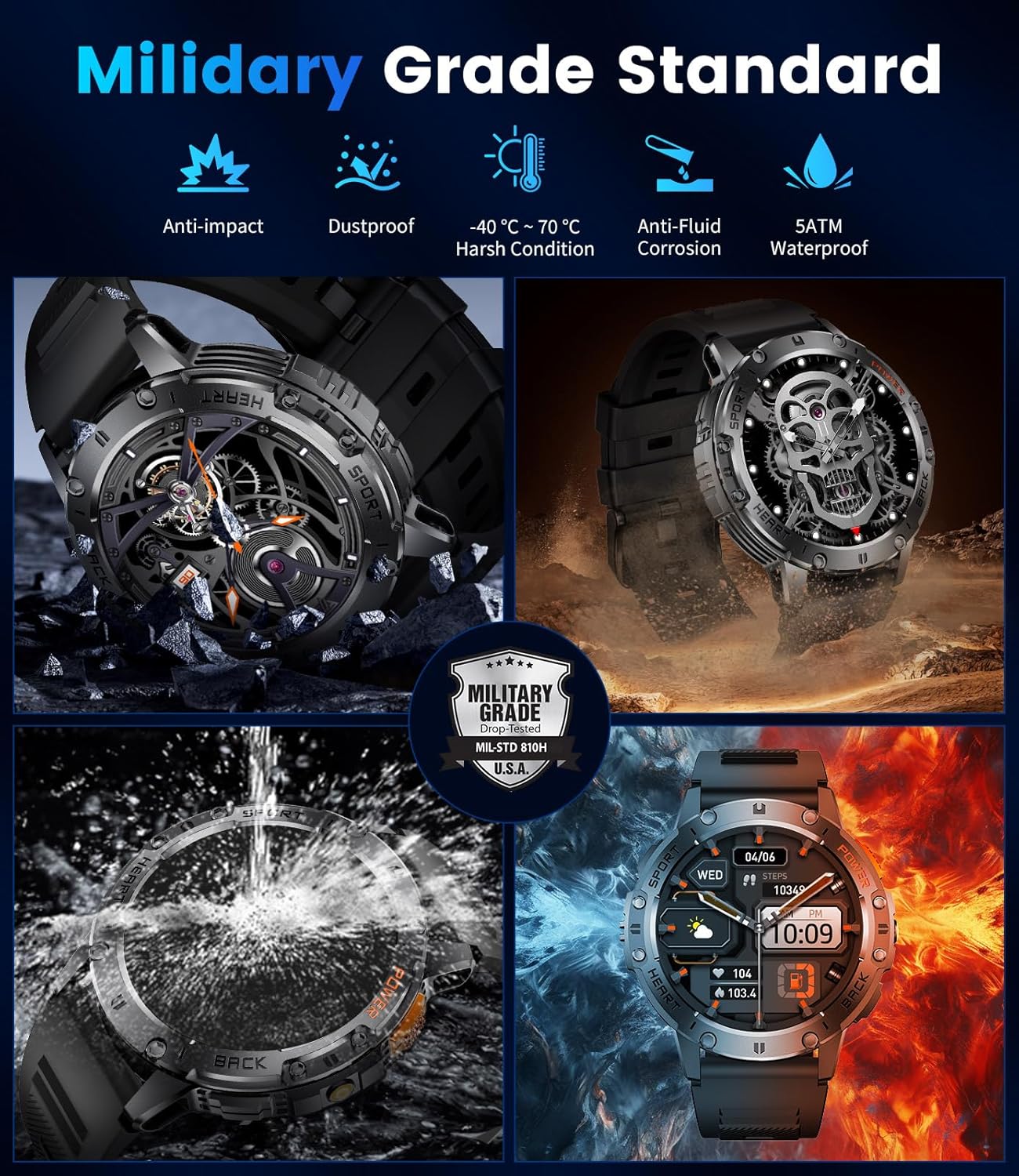 Military Smart Watches for Men for Android/iPhone-1.43'' Amoled Display Fitness Watch with Heart Rate/SpO2/Sleep Monitor/100+ Sport Modes/Flashlight,5ATM Waterproof Sport Watch,Pedometer,Silicone - Image 2