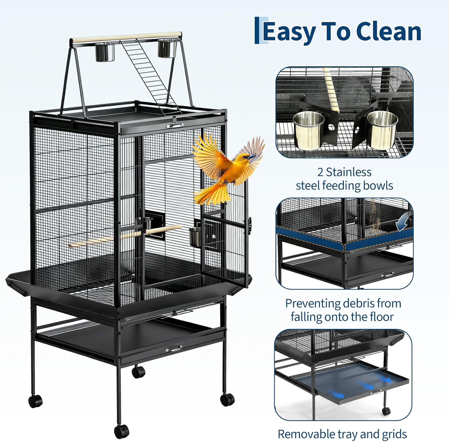 68“h Bird Cage, Large Bird Cage with Play Top, Rolling Stand for Parakeets, Cockatiels, Parrots, Budgies, Lovebirds, Small/Medium Birds - Image 6